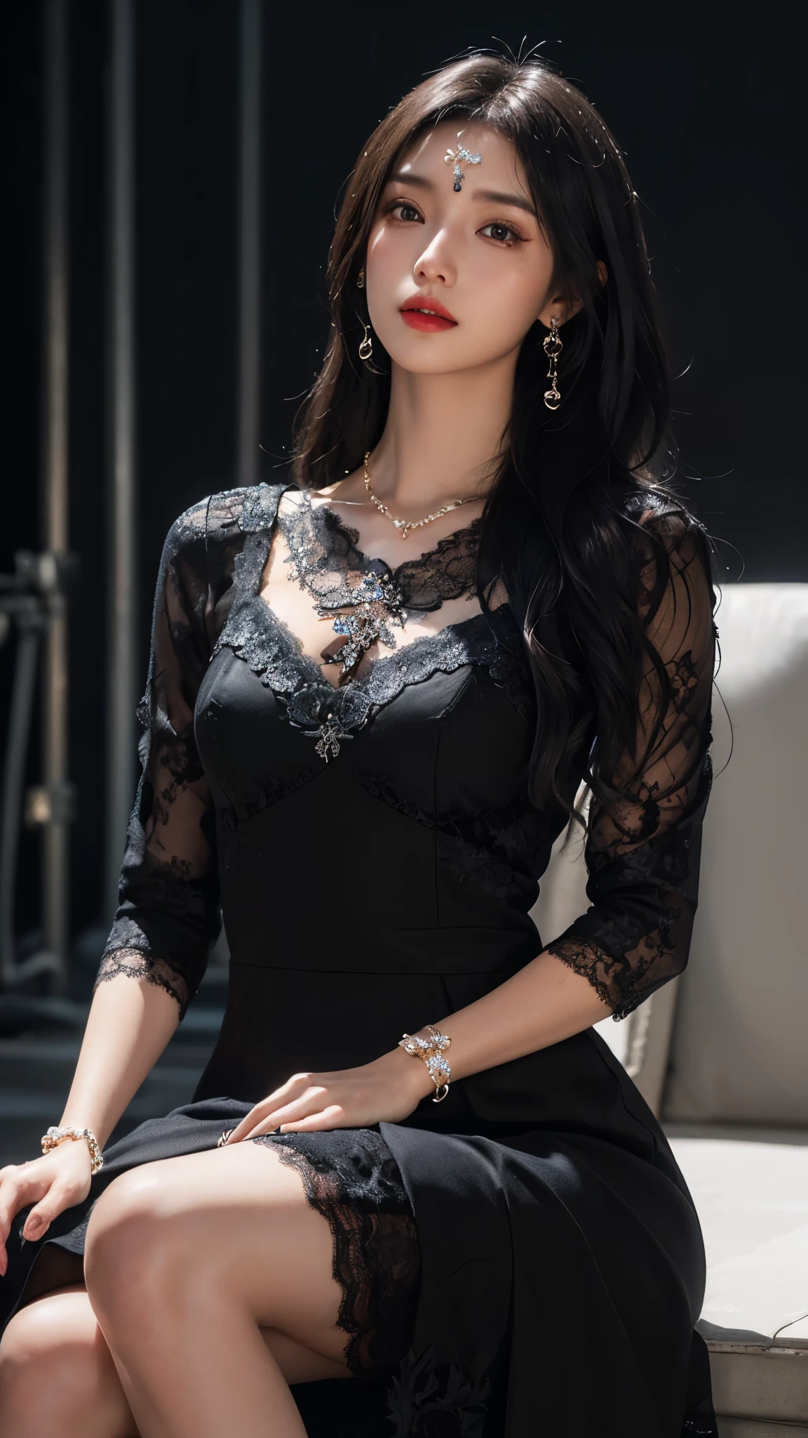 8k, masterpiece, 1 girl, beautiful face, white skin, very long hair, light makeup, detailed eyes, detailed lips, small breasts tight, realistic detailed, very detailed dress, princess dress, (black dress:1.2), (wearing jewellery:1.5), (lace:1.4), ((stage background)), sitting,