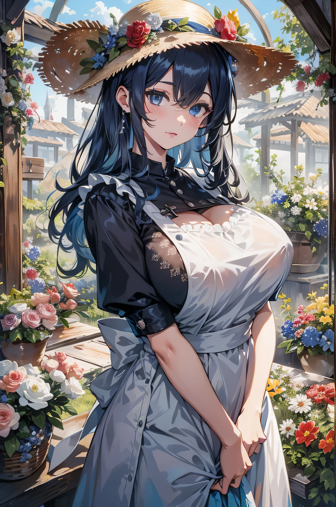 absurd, 8K, high resolution, Ultra-detailliert, beautiful, Meisterwerk, best quality, very pretty woman, Jung, dunkelblaues Haar, Sonnenhut, Gartenschere, Florist, Work apron, (very large breasts: 1.4), (rundes Haar: 1.6), detailliertes Frauengesicht, Sehr attraktiv, Im Blumenladen, Blumen