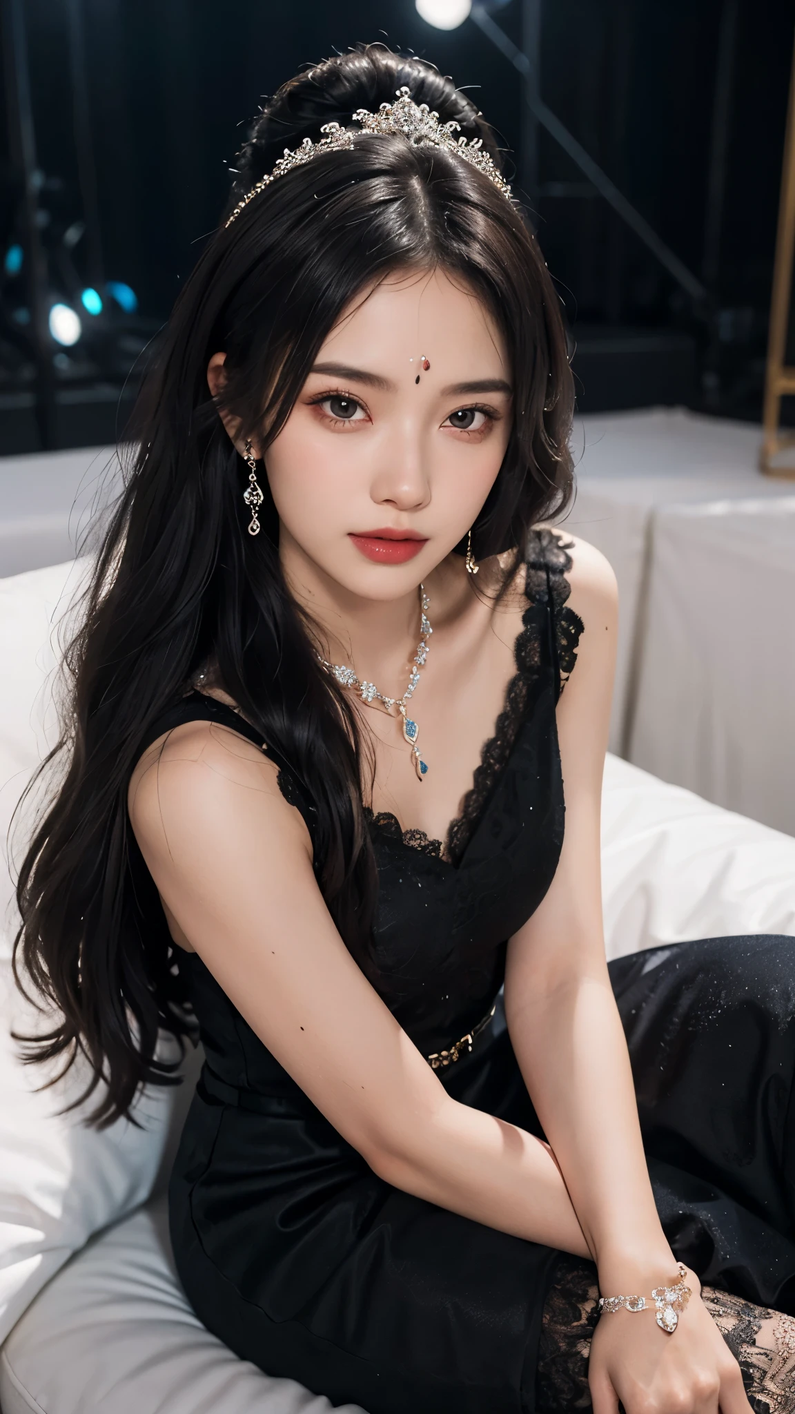 8k, masterpiece, 1 girl, beautiful face, white skin, very long hair, light makeup, detailed eyes, detailed lips, small breasts tight, realistic detailed, very detailed dress, princess dress, (black dress:1.2), (wearing jewellery:1.5), (lace:1.4), ((stage background)), sitting,