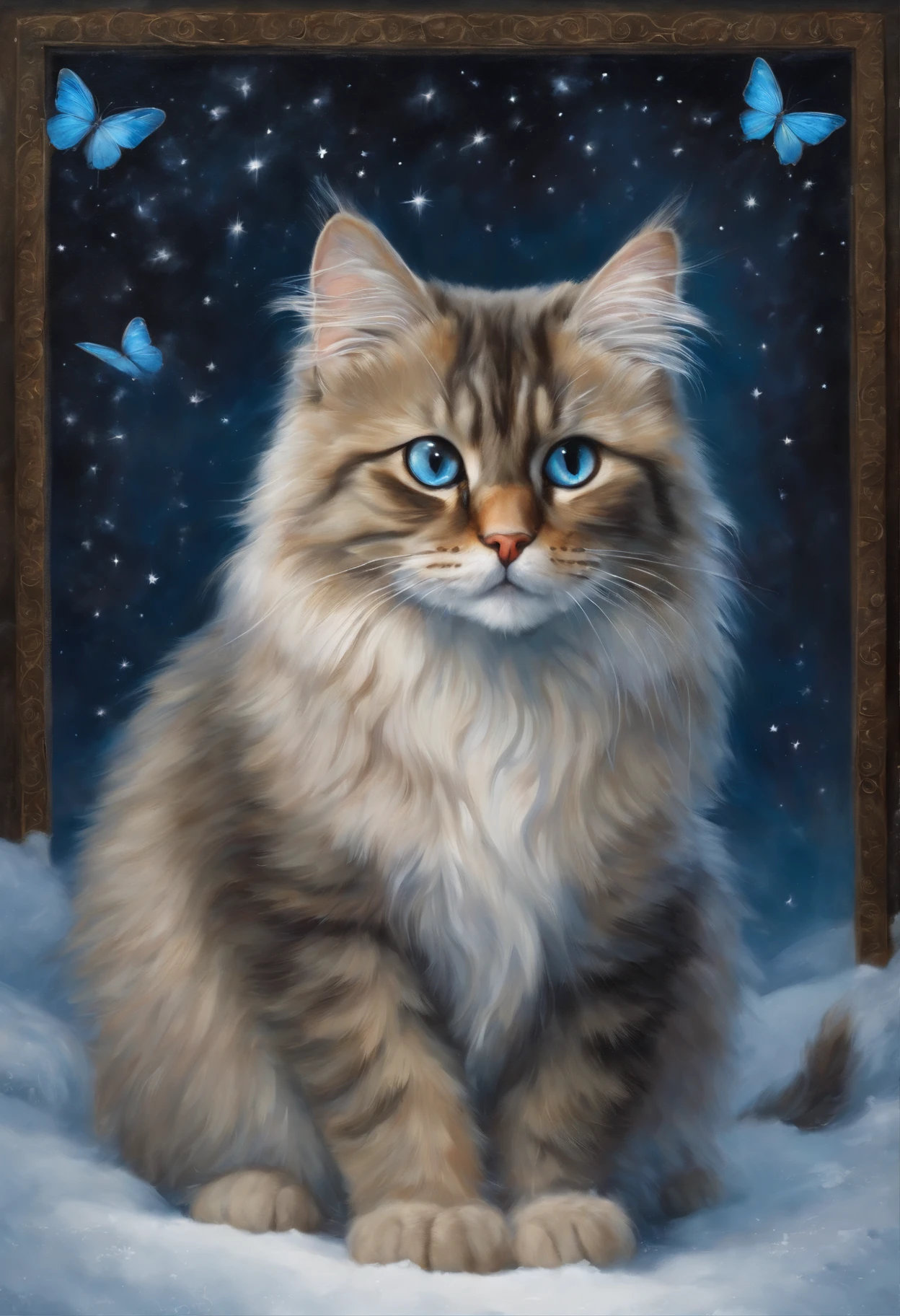 Painting with a cat, sitting on a stone in the snow, butterfly in the sky, butterflies fly into the sky, cat looks at butterflies, a starry sky, inspired Mark Keatley, Anthropomorphic large Maine, Brian Thomas, by Cynthia Sheppard, Beautiful picture of high, close portrait, magali villeneuve', Heather Theurer, Mark Keatley, Cat Portrait, Lisa Parker, Thomas Kinkade, blue siberian forest cat