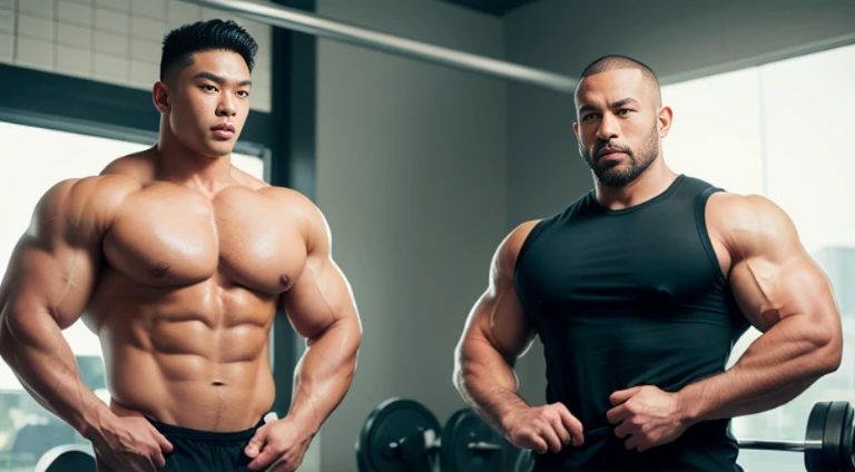 (Very detailed 8k wallpaper), two asian men, muscle worship, arms folded, At the gym, high detailing, buzzcut, very large and strong body, bulging muscles, well-muscled, very large pectoral muscles. Very sexy abs, legs are well-muscledの, Toned figure, lightens oily skin, well-muscledの, Tank top, T-shirt, longshot, Wide Shot