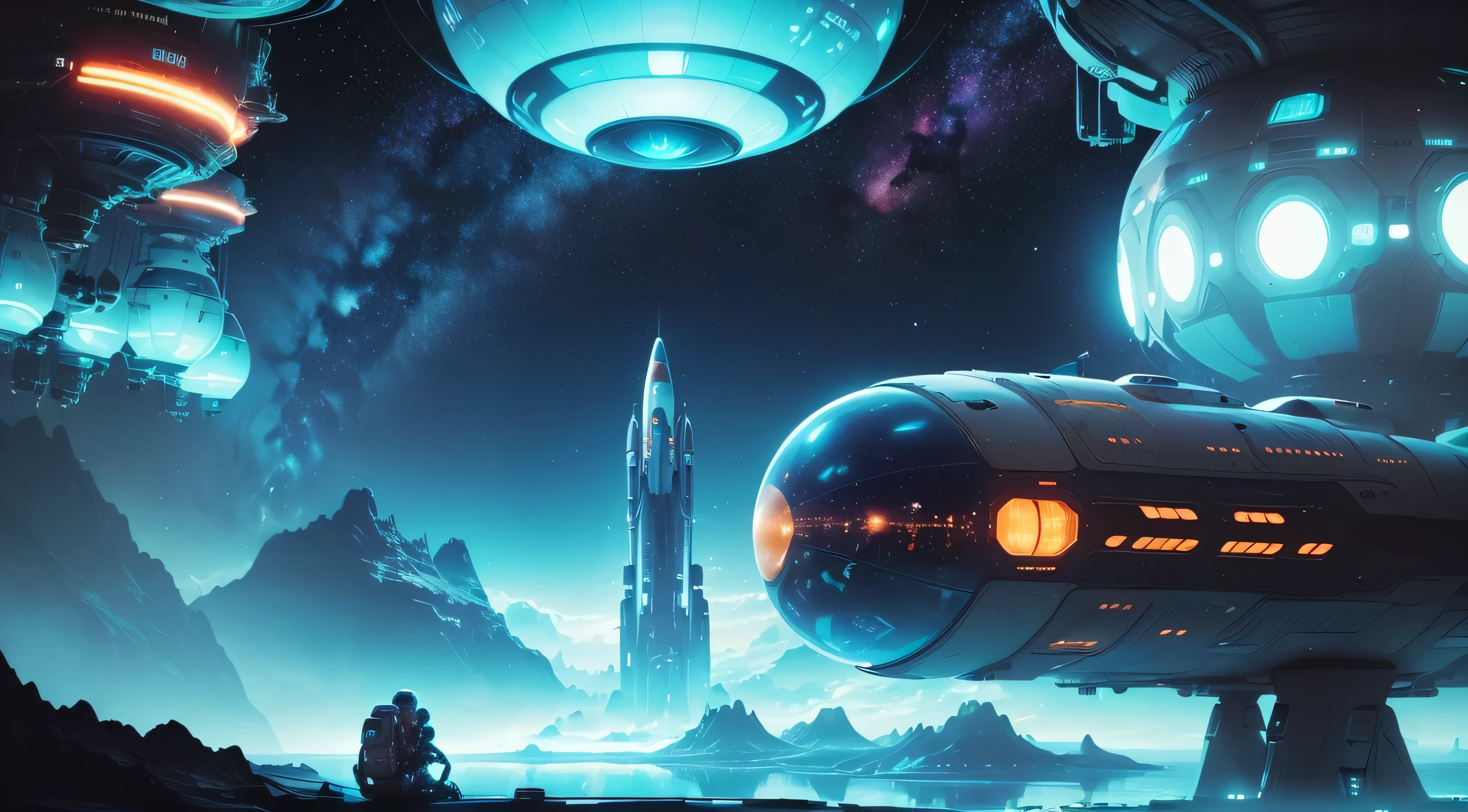 (Sci-fi theme park,Surrealist illustration,oxygen tank,space suit,Ride on a rocket,alien creatures,strange scenery,High-tech installation,virtual reality simulator,huge planets and moons,constellation,Vibrant neon lights,interstellar music,Zero gravity experience,Infinity pool,hover spaceship,Stunning views of the universe,adventurous space explorer)