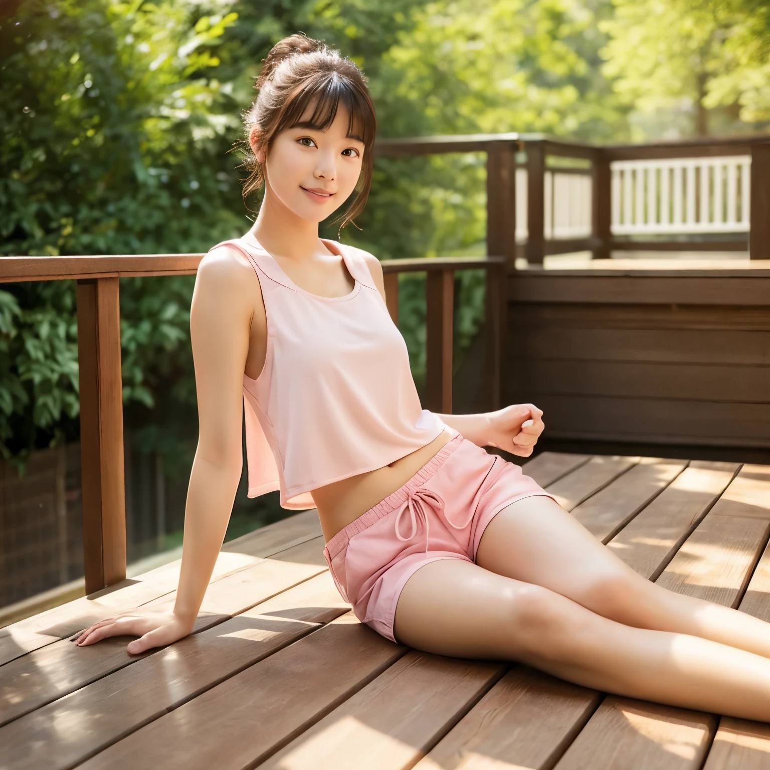 A young woman is sitting on a wooden deck outdoors in bright sunlight。She、She is wearing a casual pink sleeveless top and beige shorts.、Barefoot。Sheカメラに直接見つめず、sitting slightly looking down、one hand is placed on the deck、the other hand is touching one of her legs。the background is blurry、The texture of the wood on the deck is clearly visible.。The overall atmosphere is relaxed and calm.、Natural sunlight illuminates the scene。