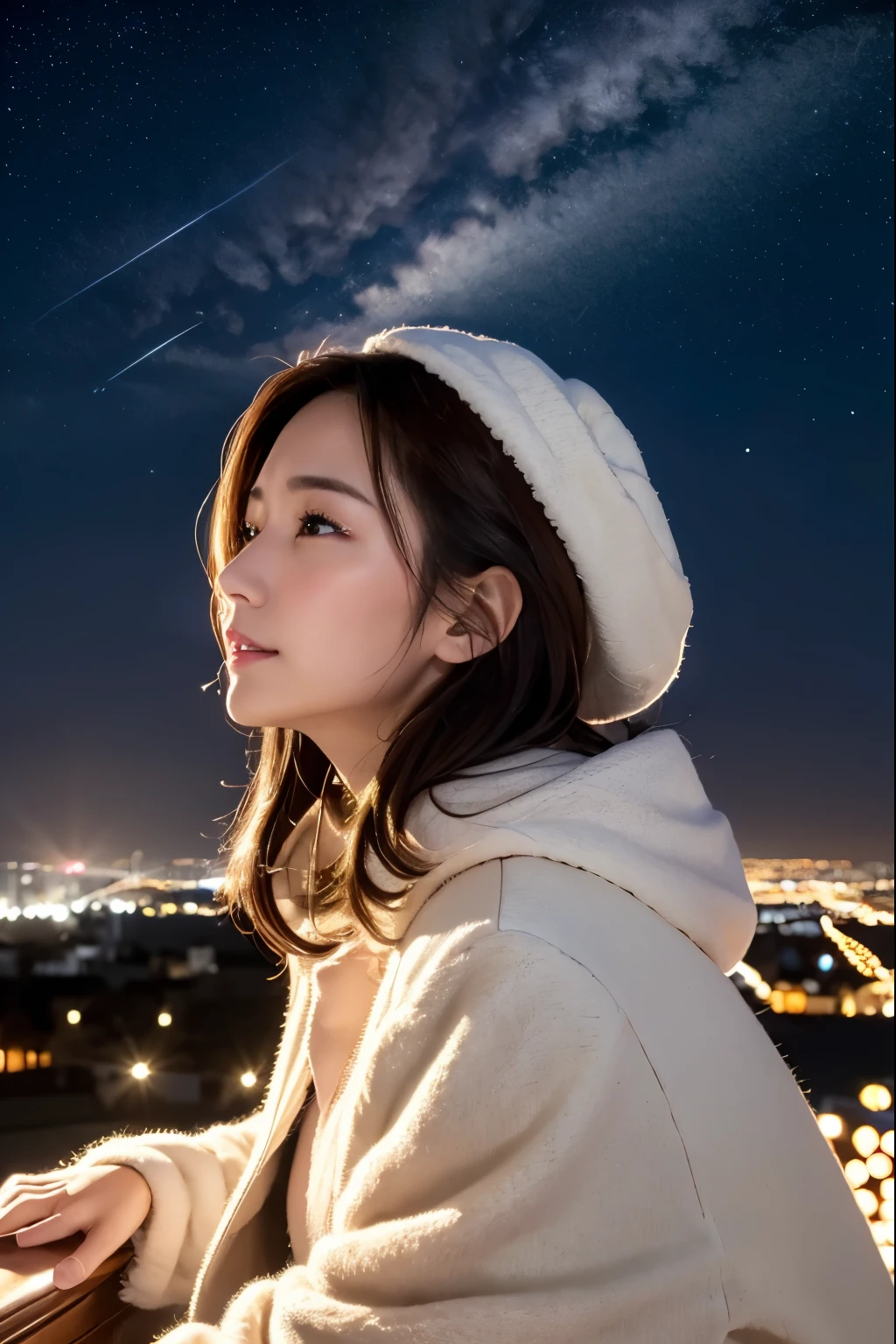 （top-quality、8K、32K、​masterpiece,)Beautuful Women、Night city、White fur cap、White muffler、White coat、Looking up at the night sky、orange illumination lights、Big Christmas Tree、Soft atmosphere、profile