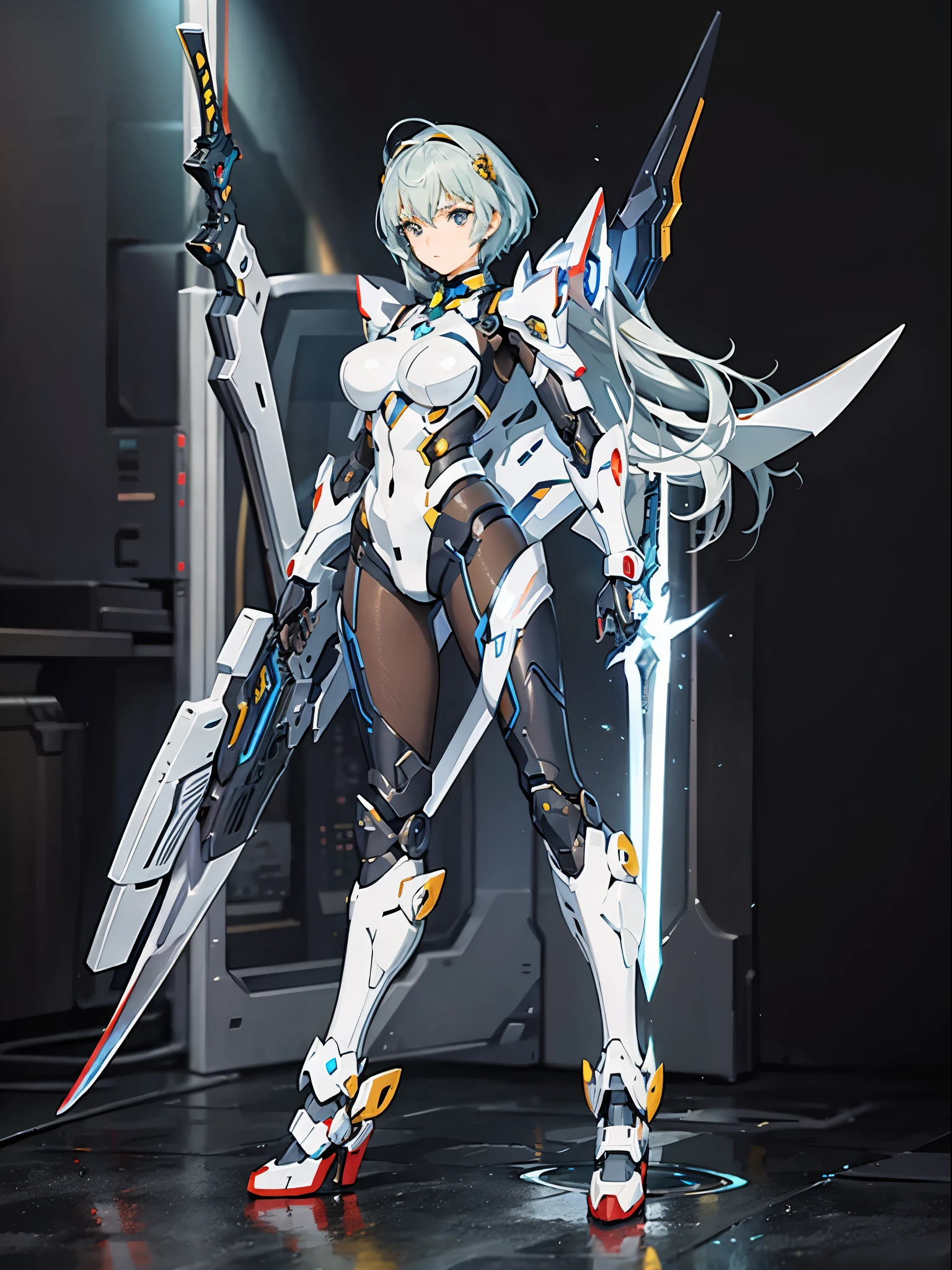 Anime figure, girl in mecha cyber armor, Perfect anime woman,Anime shoujo mecha, female mecha, anime robots, Cute girl with room and deep ditch,Anime girl, Best anime 4k , Beautiful woman organic blend, Mecha suit, Beautiful white girl melancholy expression Rei Ayanami,full metal armor,Stand with a sword in hand, Sword in both hands Zero machine background, Ultra-transparent steel wings, Metal badge pattern