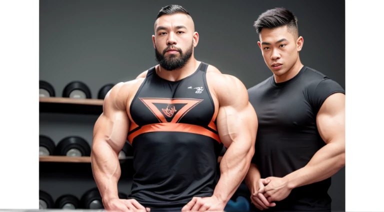 (Very detailed 8k wallpaper), two asian men, muscle worship, arms folded, At the gym, high detailing, buzzcut, very large and strong body, bulging muscles, well-muscled, very large pectoral muscles. Very sexy abs, legs are well-muscledの, Toned figure, lightens oily skin, well-muscledの, Tank top, T-shirt, longshot, Wide Shot
