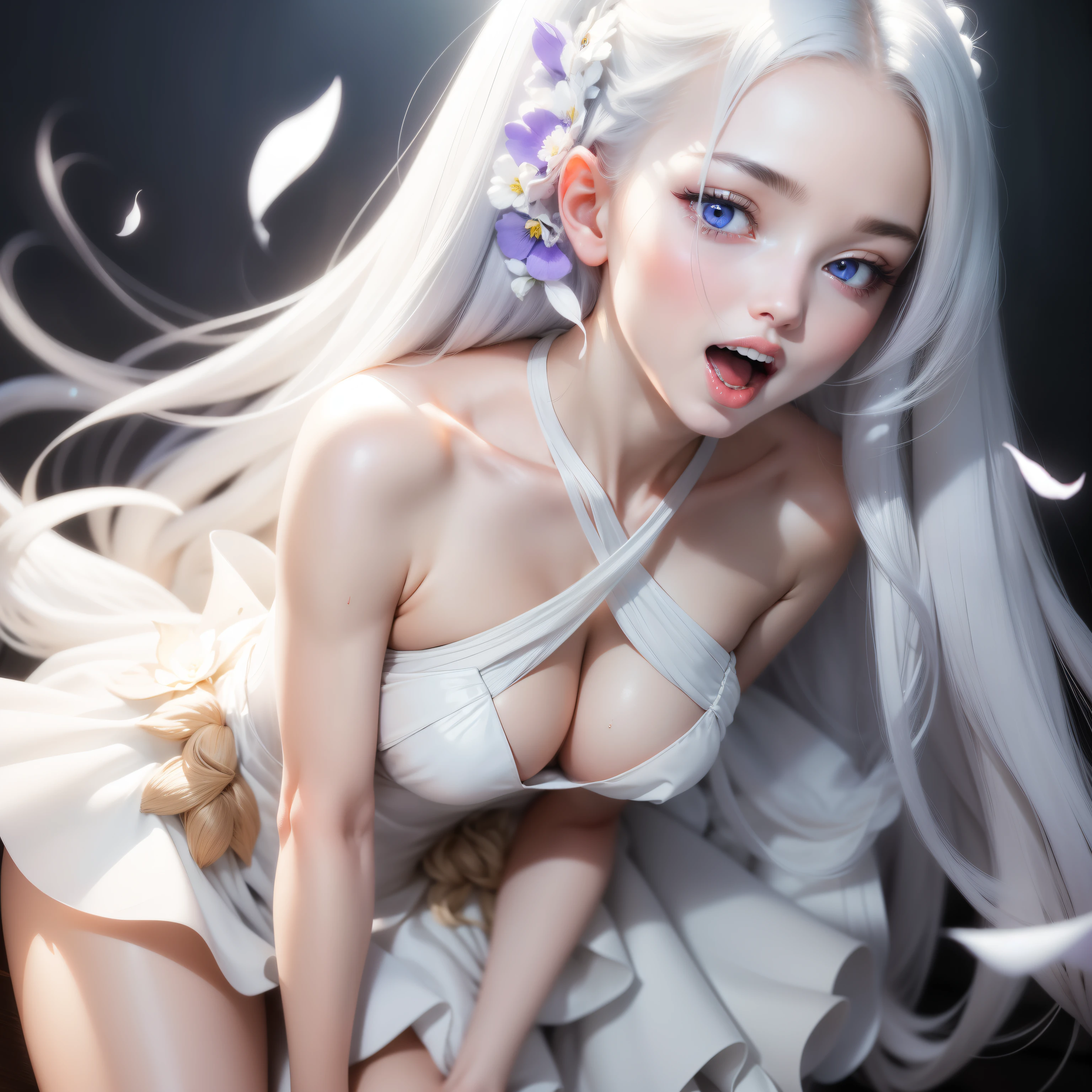 masutepiece, Superb Piece, Daytime, Indoor, Falling flowers, White Dress, 1 girl, A perfect woman, Woman with silver and white long hair, gray blue eyes, pale pink lips, Cold, Serious, Bang, Purple eyes, White clothes, black closing line, Delicate face, Exquisiteface, Standing Bow, tassels, Happiness knot, Smile, Hands behind the head,Open your crotch,Turn your face away,Reluctant face,Scream,enjoy intensely ,convulsions,urinate,soaked body,bathe in white foam,Mangli return,Touching the,Grab your chest,oral ,,oral ,,Bukkake,Drawing a penis