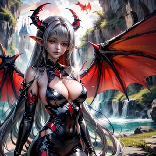 red eyes,(long black hair:1.2),long hair, face lighting, bright backlight, massive breasts, super high resolution, best quality,Photos,4k,(Realistic:1.2),longnv,1girl,fantasy,dragon-inspired character, piercing gaze,(dragon horns:1.3),(dragon wings:1.5),long flowing hair, captivating eyes,