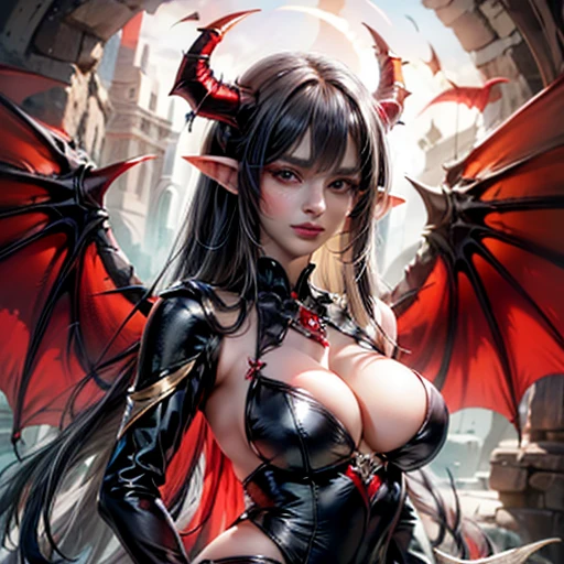 red eyes,(long black hair:1.2),long hair, face lighting, bright backlight, massive breasts, super high resolution, best quality,Photos,4k,(Realistic:1.2),longnv,1girl,fantasy,dragon-inspired character, piercing gaze,(dragon horns:1.3),(dragon wings:1.5),long flowing hair, captivating eyes,