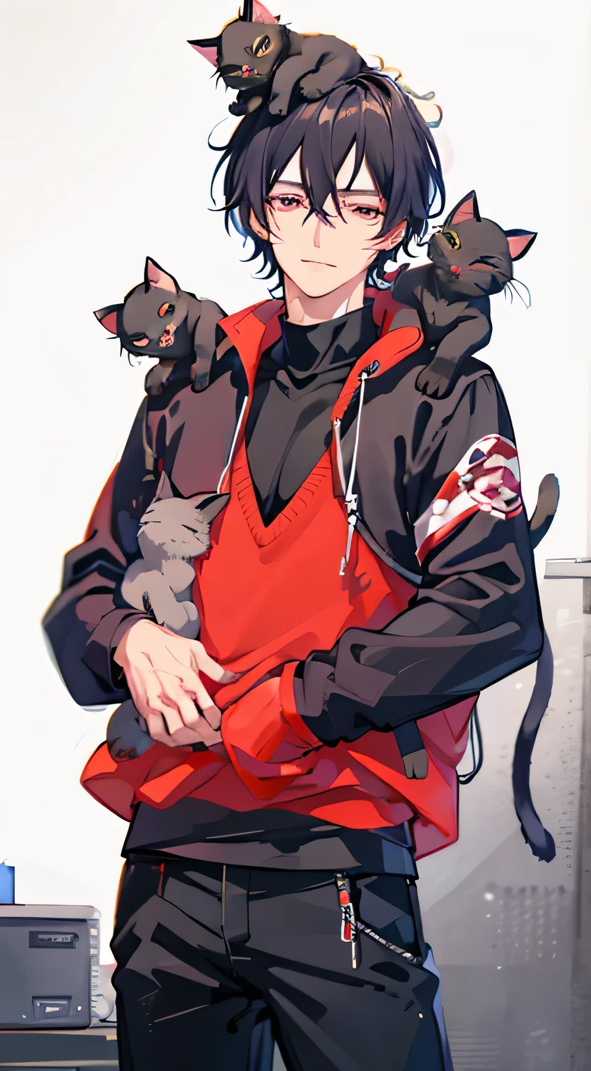 Anime boy carrying two handsome cats on his shoulders, style of anime 4 k, style of anime. 8K, anime cat, 2022 style of anime, 2 0 2 2 style of anime, style of anime, anime cat in style of anime, style anime, style of anime only, in an style of anime, anime art style, Cool dark haired boy，Remove the white on the chest，There is a cat on the head