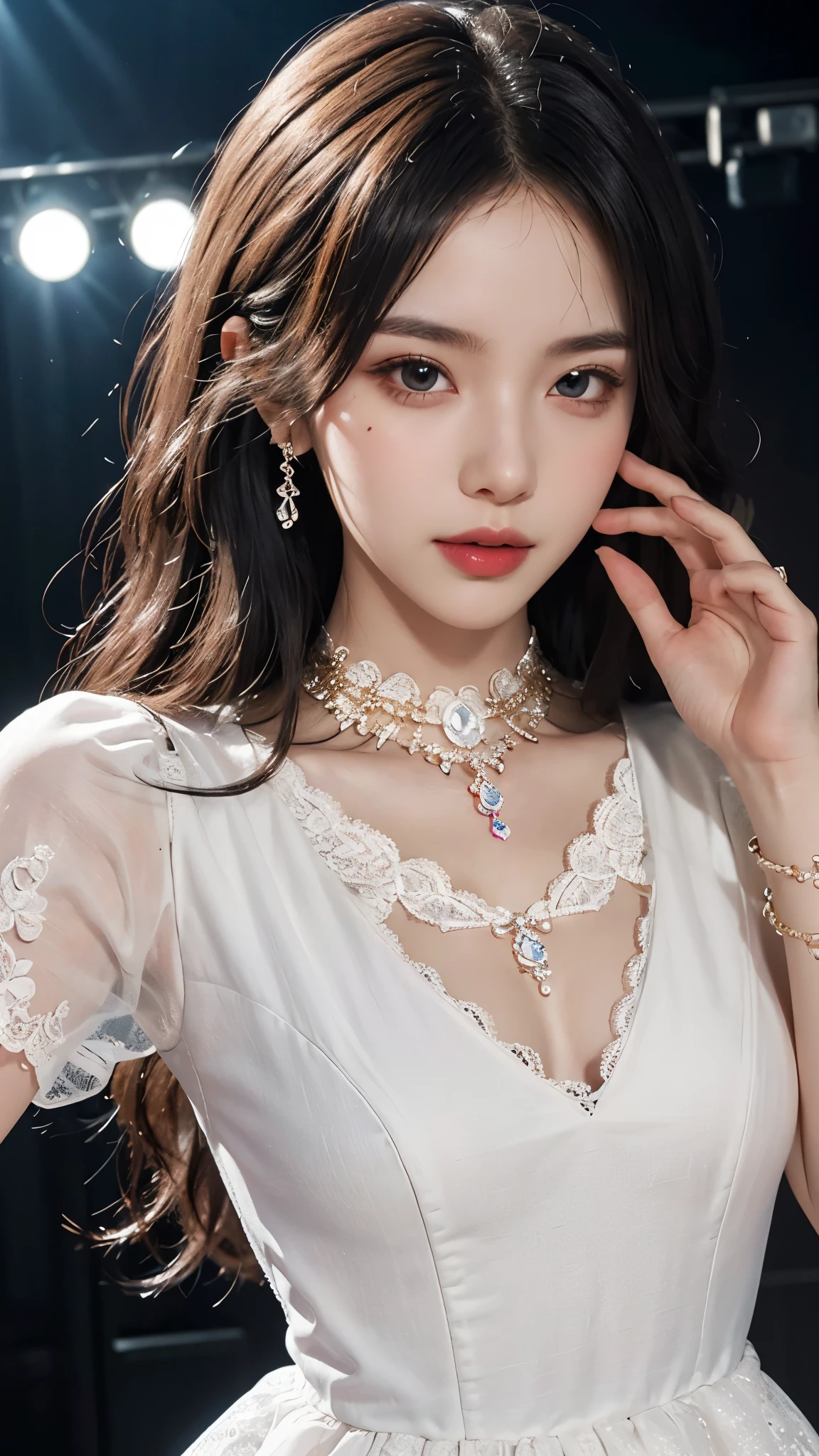 8k, masterpiece, 1 girl, beautiful face, white skin, very long hair, light makeup, detailed eyes, detailed lips, small breasts tight, realistic detailed, very detailed dress, princess dreslack dress:1.2), (wearing jewellery:1.5), (lace:1.4), ((stage background)), attractive poses,