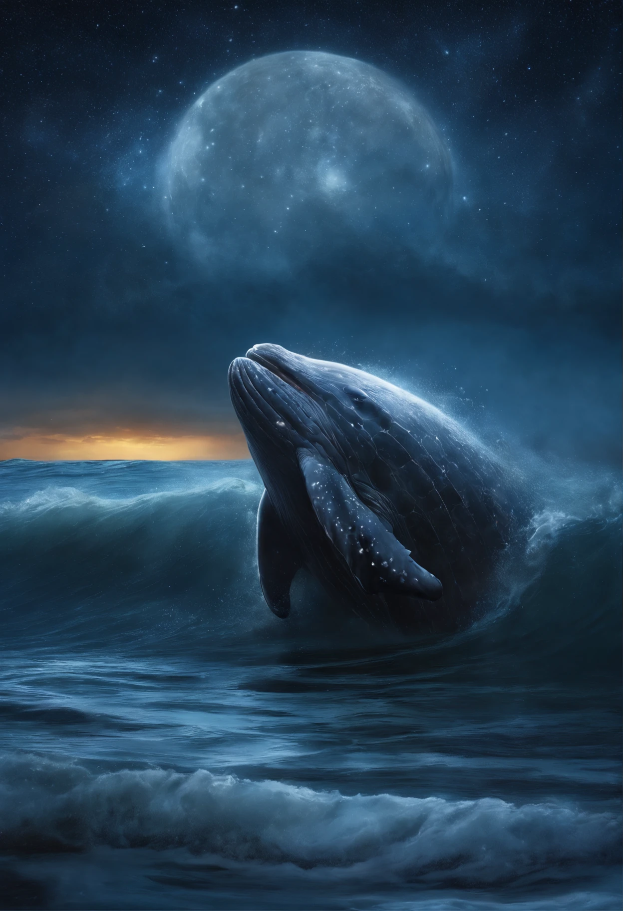 A huge gray whale jumps out of the starry sea, glowing water splashes, reflection of the stars, Magnetic storms, the night, starry sky sea, huge gray whale in the starry sky, Jean-Baptiste Monge, anthropomorphic --ar 2:3 --testp -optimistic;  straight hair