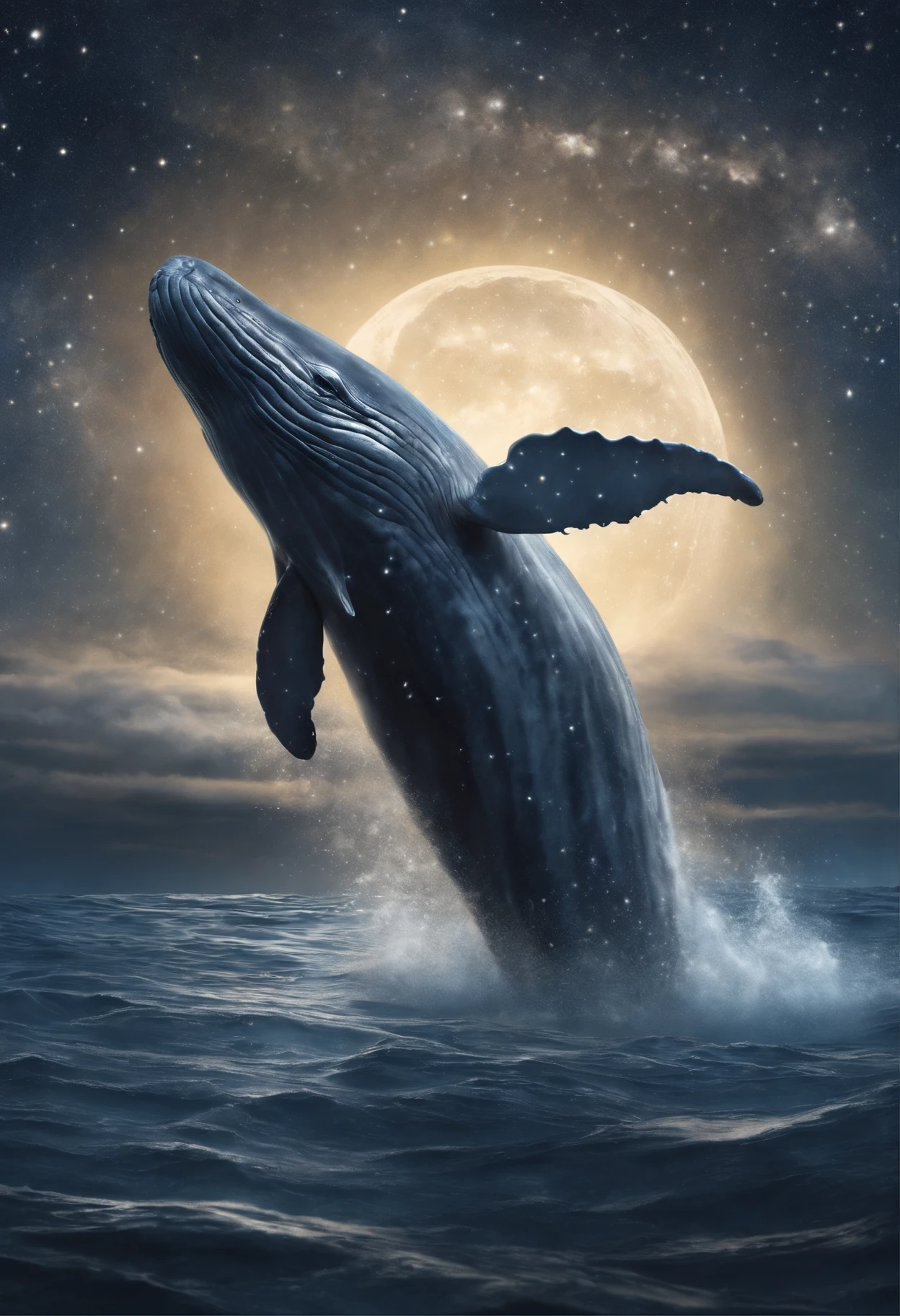 A huge gray whale jumps out of the starry sea, glowing water splashes, reflection of the stars, Magnetic storms, the night, starry sky sea, huge gray whale in the starry sky, Jean-Baptiste Monge, anthropomorphic --ar 2:3 --testp -optimistic;  straight hair