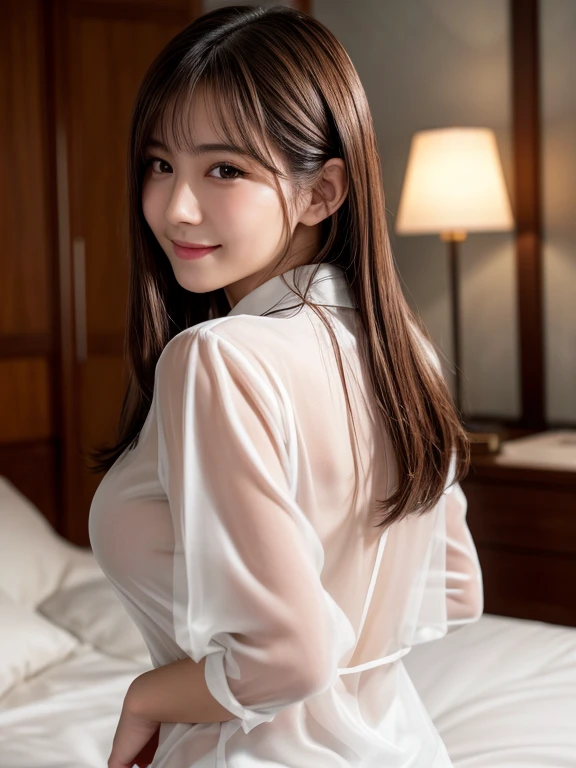 (8k, RAW photo, best quality, masterpiece, ultra detailed:1.2),(realistic, photo-realistic:1.4), upper body shot, (extremely cute Japanese idol,1.2), 20 years old, (detailed skin, detailed face: 1.2), sharp focus, SIGMA 85mm f/1.4., depth of field, blur background, bokeh, cinematic lighting, soft light, midnight, pale skin, brown eyes, naughty smile, seductive, looking at viewer, (see through formal shirt), (looking back:1.2), big ass, bed, big breasts