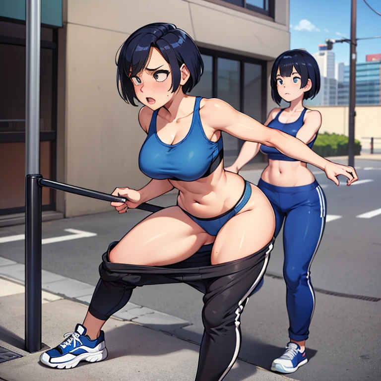 Sexy woman, short hair, blue sports bra, grey sweatpants, pants falling down, showing panties, sneakers, outside, full body, crowded city, embarassed, shy, sexy, standing