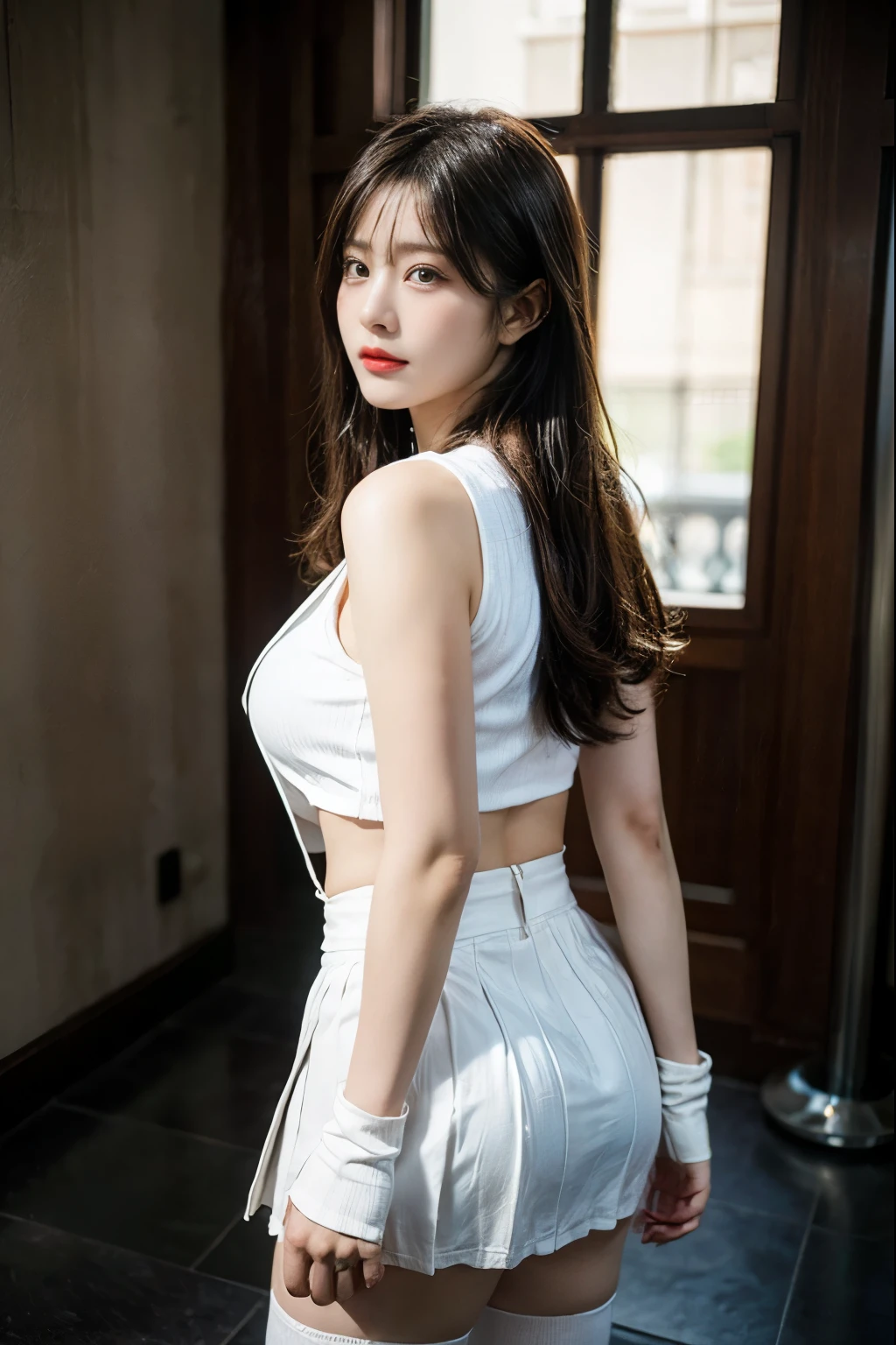 (8K, Raw photo, Best Quality, masutepiece), Ultra High Resolution, (Realistic, photo-Realistic), 1girl in, deadpan, Solo, Black hair, Professional Lighting, Detailed Lighting, Backlight, depth of fields, Natural lighting, Sharp Focus, 2 meters focusing distance, Professional photo shoot, Detailed eyes, Realistic eyes, detailed shadow, Tifa Lockhart Original Costume, White crop top, arm guards, Fingerless gloves, suspenders, Pleated miniskirt, black thighhighs, Red boots very detailed eyes, Colorful, highest details, Vibrant colors, High contrast, (8K UHD:1.2), (photoRealistic:1.2), Beautiful face, top body is hyperRealistic thicc muscle and hyper largest_breasts!! with the type of boobs_melons, lower is huge buttocks, wet shiny body