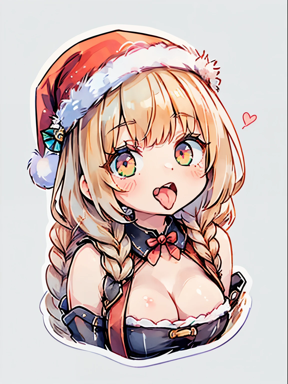 animesque、a sticker、顔と口メインのa sticker、Close-up of the mouth、1beautiful girl、pink santa claus girl、age19、(((I mainly draw the mouth、super close up of mouth、tongue、long tongue、sticking out the tongue、Show the inside of the mouth、Open your mouth wide and show me your throat)))、Santa's Hat、teak、lip stick、braid hair、Colossal tits、cleavage of the breast、simple background、