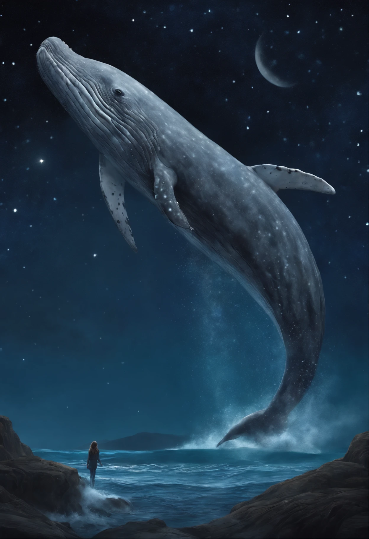 A huge gray whale jumps out of the starry sea, Magnetic storms, the night, starry sky sea, a huge gray whale in the starry sky, Jean-Baptiste Monge, anthropomorphic --ar 2:3 --testp -optimistic; Straight hair