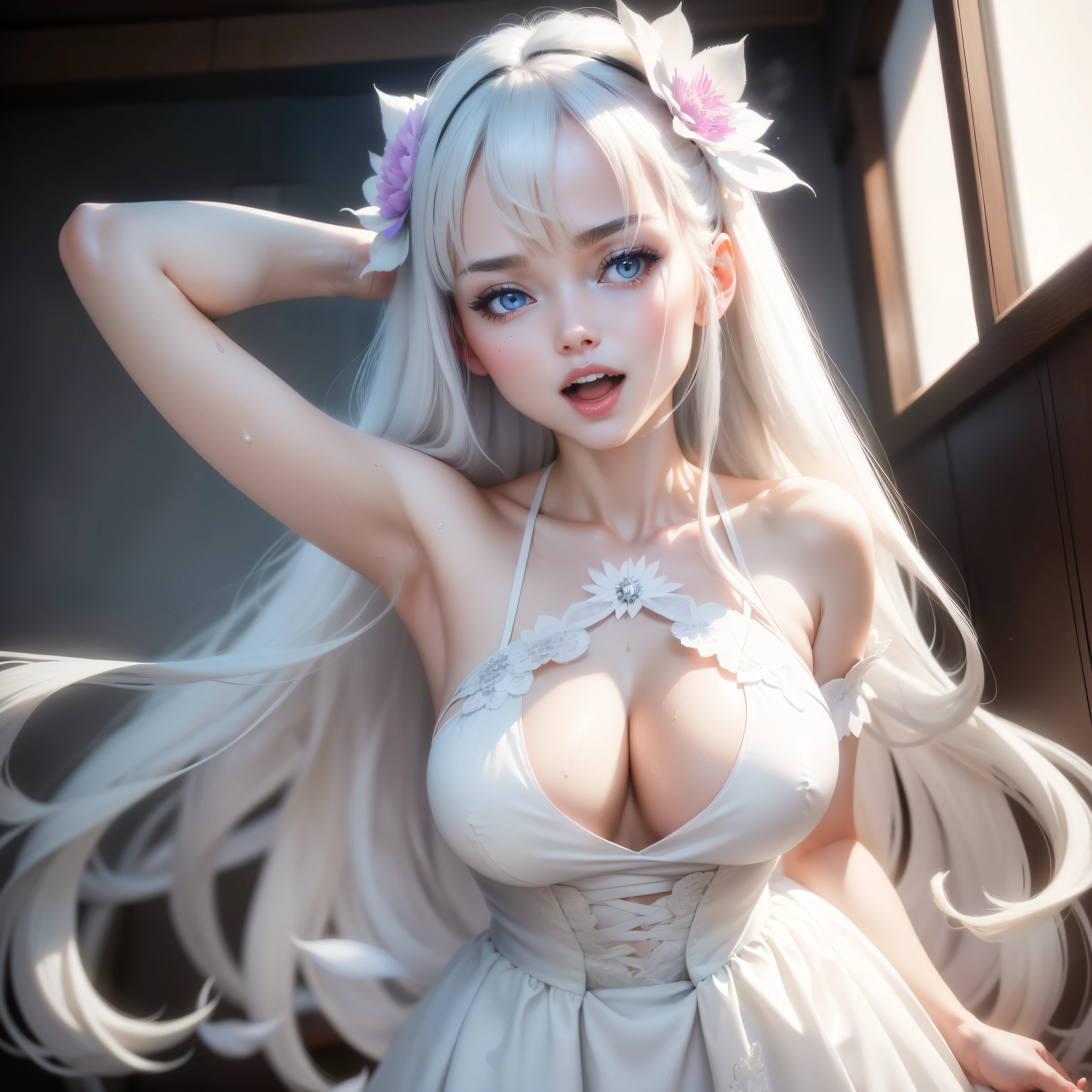 masutepiece, Superb Piece, Daytime, Indoor, Falling flowers, White Dress, 1 girl, A perfect woman, Woman with silver and white long hair, gray blue eyes, pale pink lips, Cold, Serious, Bang, Purple eyes, White clothes, black closing line, Delicate face, Exquisiteface, Standing Bow, tassels, Happiness knot, Smile, Hands behind the head,Open your crotch,Turn your face away,Reluctant face,Scream,enjoy intensely ,convulsions,urinate,soaked body,bathe in white foam,Mangli return,Touching the,Grab your chest,oral ,,oral ,,Bukkake,Drawing a penis
