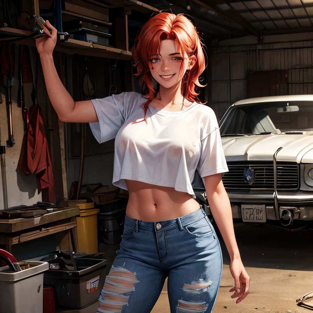 Mechanic working in her garage, dirty white shirt, dirty low rise jeans, dirty tan skin, high line detail, messy red hair, grease smudge on her face, smiling