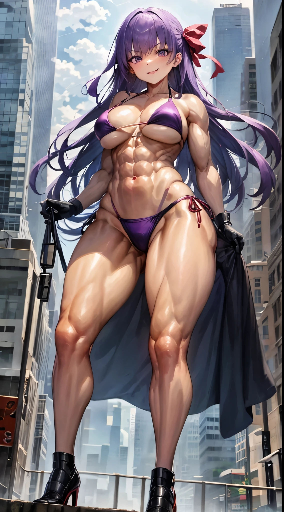 Hugo, NFFSW, (purple hair), long hair, bangs, (purple eyes: 1.1), (average breasts: 1.2), (very short and sexy bikini), (muscular thighs), muscular abdomen, slim waist , wide hips, wearing a black high-heeled shoe, black gloves, hair ribbon, red bow, ribbon bow, break looking at the viewer, break billboards, break (masutepiece: 1.2) ,evil smile、(standing)、 beautiful legs、As if looking from below、in the open air、outside、(showing her big ass to me)