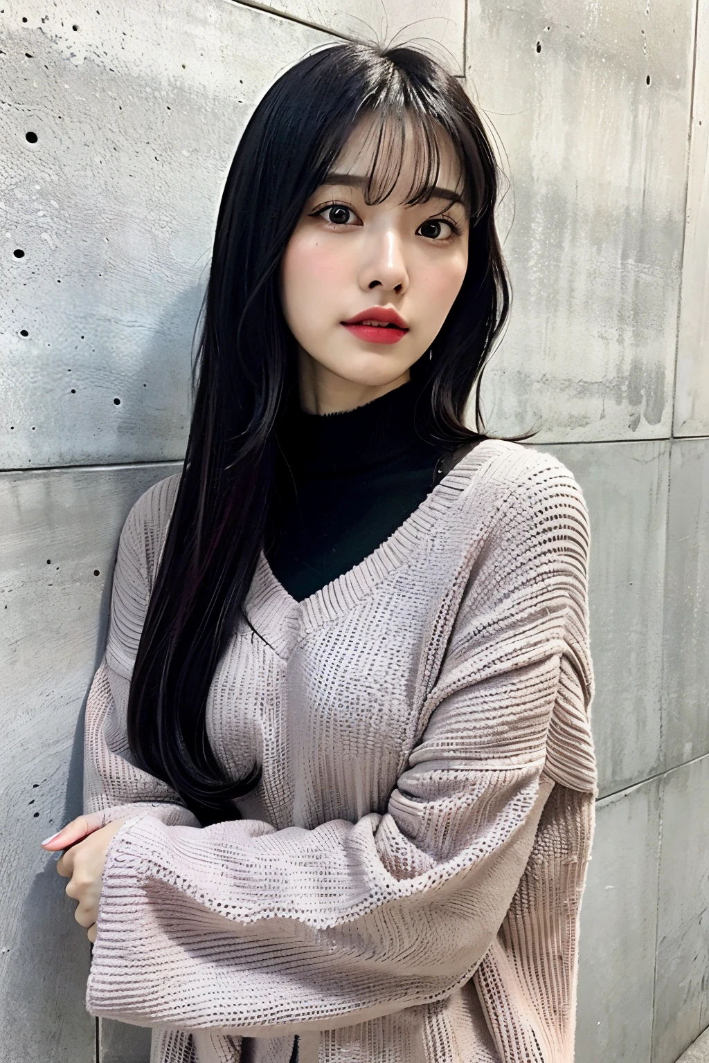 of the highest quality, 1 beautiful woman,, Concrete background、Tile background、Black knitwear、tile wall,From below、Black hair, ［Pink inner hair: 1.3］