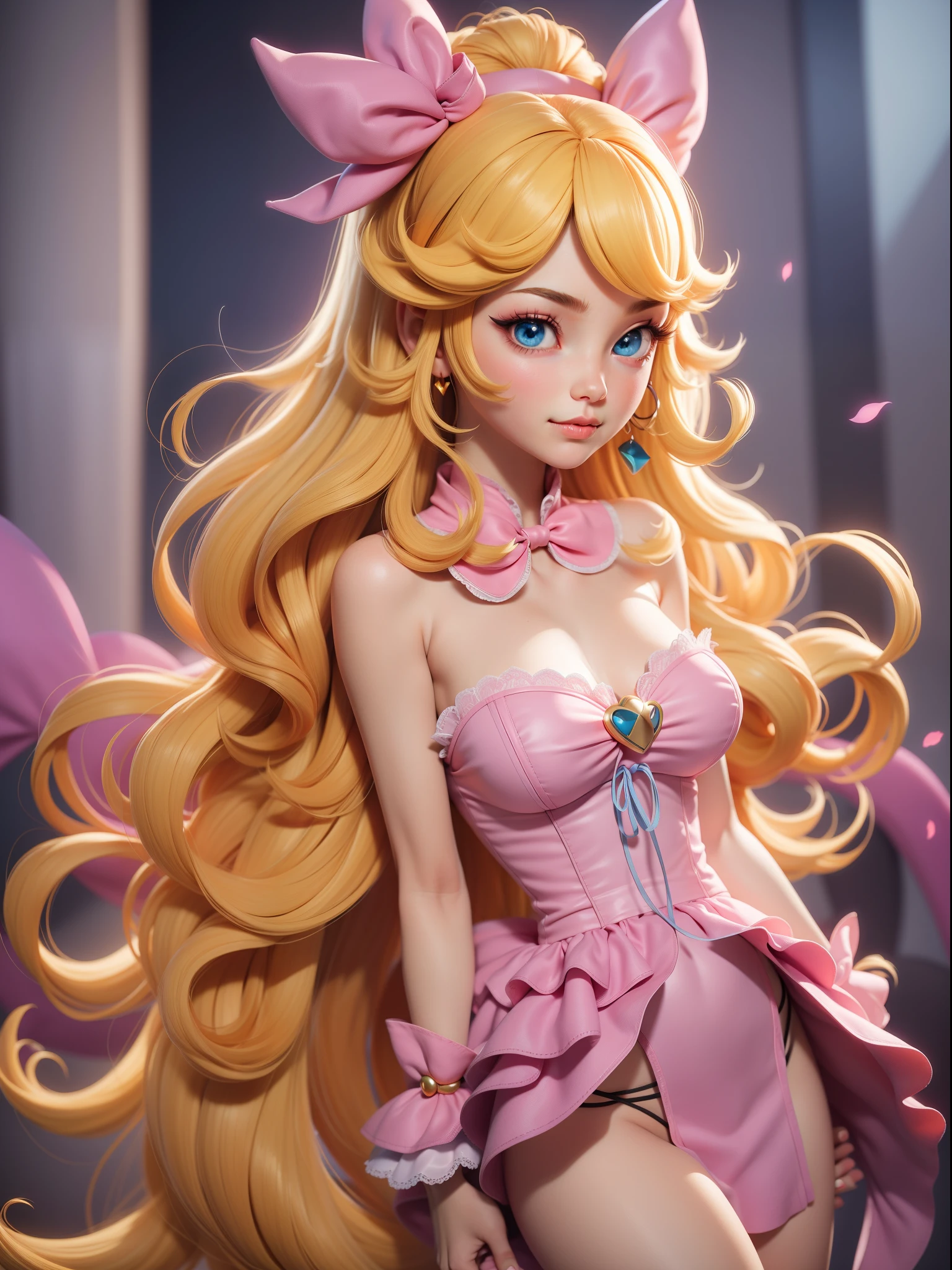 1girl, princess peach, solo, long hair, pink dress, kawaii panties, looking at viewer, mario castle background, yellow hair, background, blue eyes, lips, closed mouth, ribbon, hair ribbon, large breast