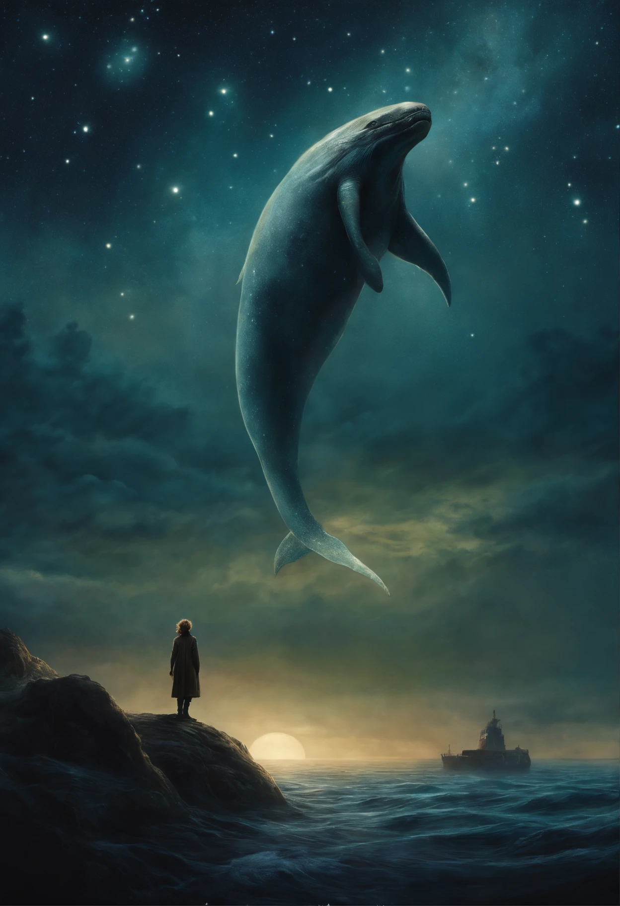 A huge Leviathan jumps out of the starry sea, Magnetic storms, the night, starry sky sea, huge Leviathan in the starry sky, Jean-Baptiste Monge, anthropomorphic --ar 2:3 --testp -optimistic; straight hair