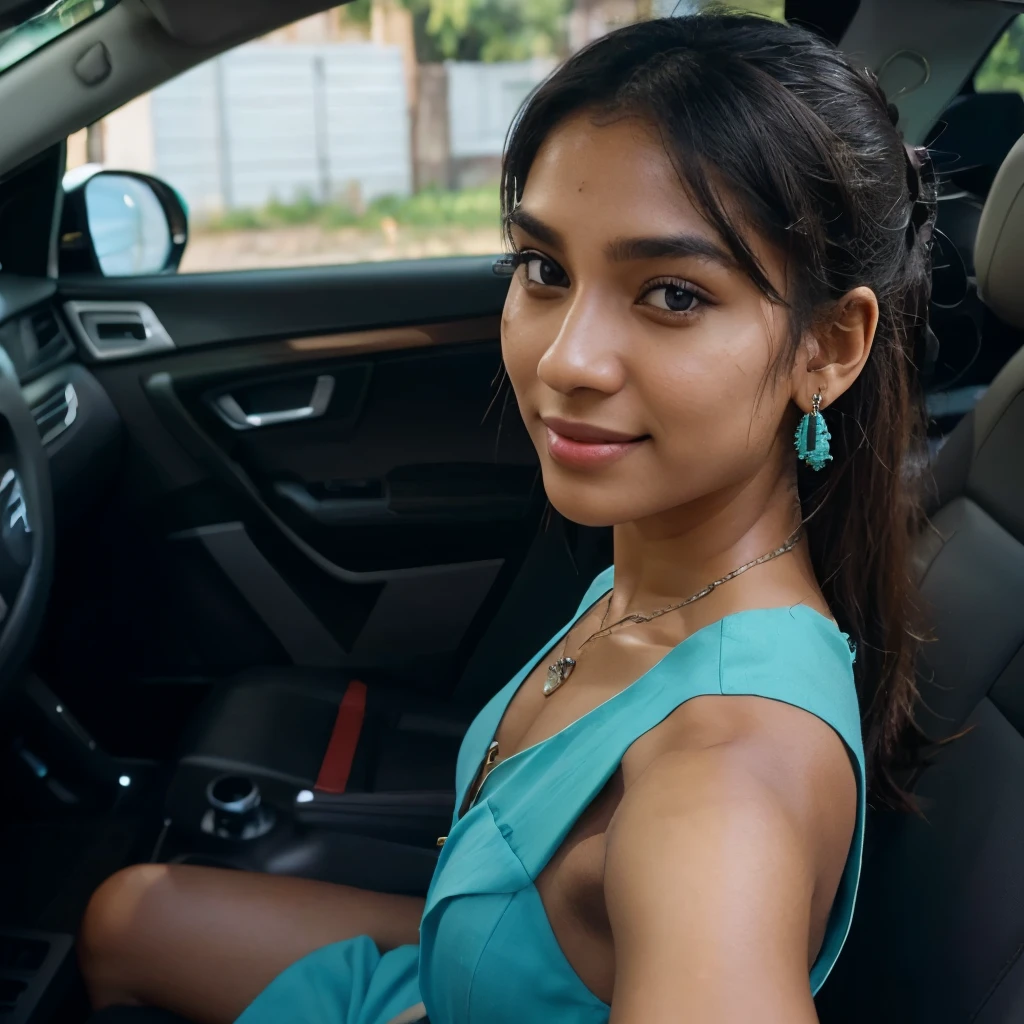 ((self-taken photo)), natural colors, ((selfie photo)), of a 22-year-old Sri Lankan woman named Kasuni, (dark long ponytail hair), dark fair skin, black eyes, feminine features, iPhone, mobile quality, mobile focus, tack smooth, Instagram filter, TikTok filter, detailed face, detailed eyes, oiled skin, profile picture, smiling, ((sitting inside a car)), ((turquoise dress, ladies jewelry)), natural lighting.