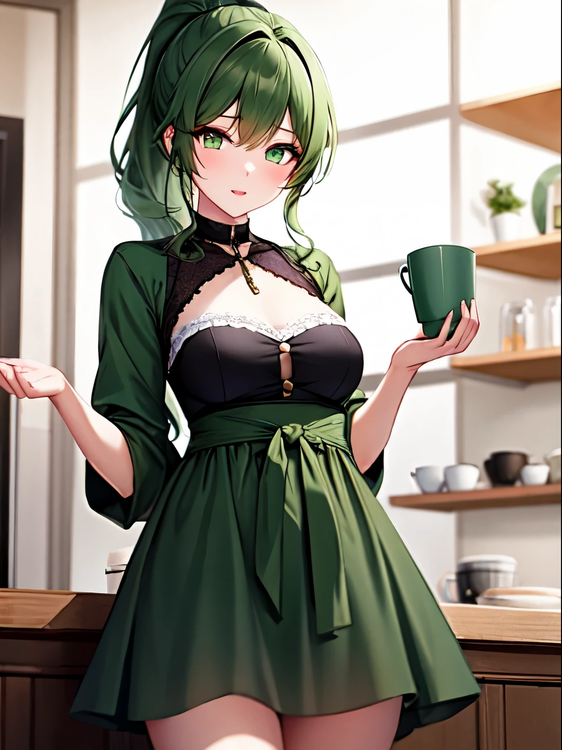 1girl, green eyes, dark green hair, ponytail, small breasts, wide waist, green dress, cafe