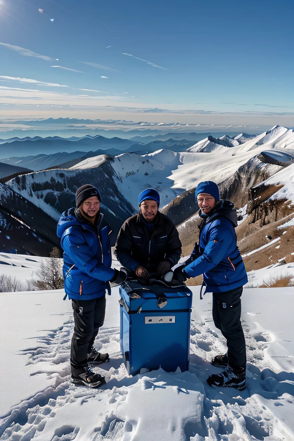 Courier with blue box sitting on top of mountain with two climbers in winter, full body in frame 16k style realism super realistic