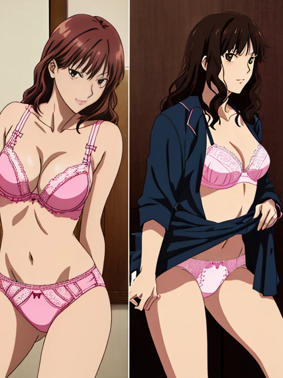 Best Quality, masutepiece, 超A high resolution, (Photorealistic: )2D official style cel animation、amagami　High school students、Underwear、pink lace brassiere、Pink Lace Panties　A dark-haired　teats　tits out