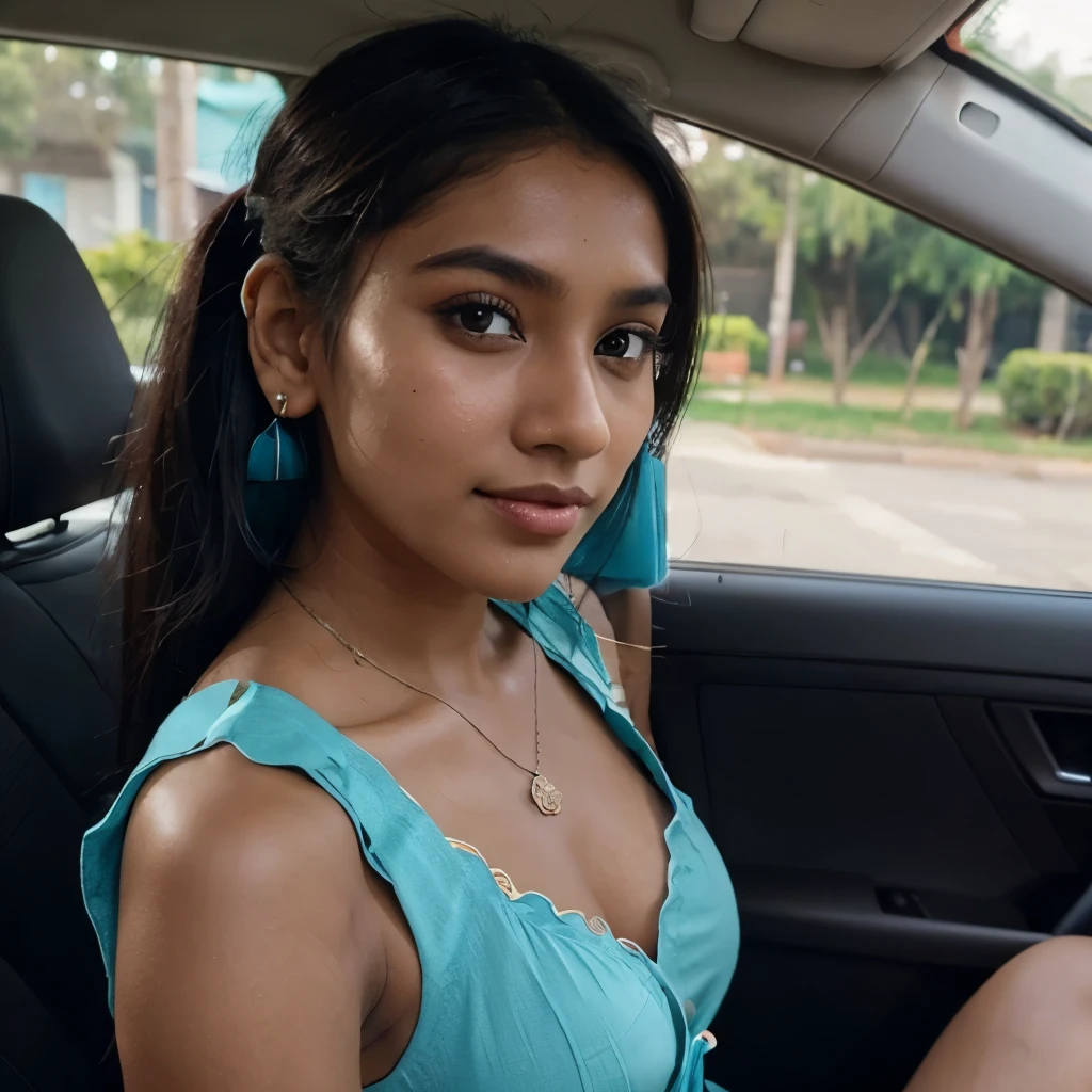 ((self-taken photo)), natural colors, ((selfie photo)), of a 22-year-old Sri Lankan woman named Kasuni, (dark long ponytail hair), dark fair skin, black eyes, feminine features, iPhone, mobile quality, mobile focus, tack smooth, Instagram filter, TikTok filter, detailed face, detailed eyes, oiled skin, profile picture, smiling, ((sitting inside a car)), ((turquoise dress, ladies jewelry)), natural lighting.