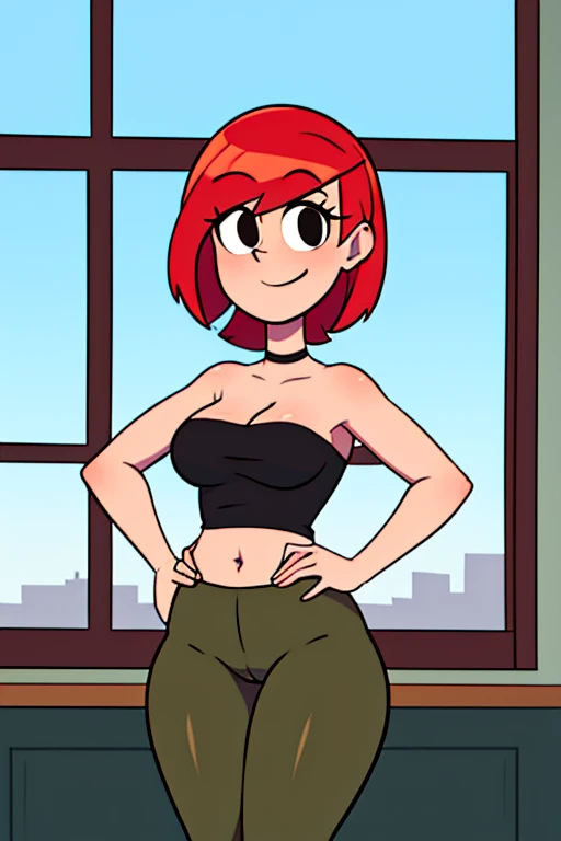 Frankie, short red hair, bob hairstyle, black eyes, in front, Strapless black shirt, belly button, brown pants, hips, ,smile, upper body, cleavage, cameltoe, solo, classroom, ,window,