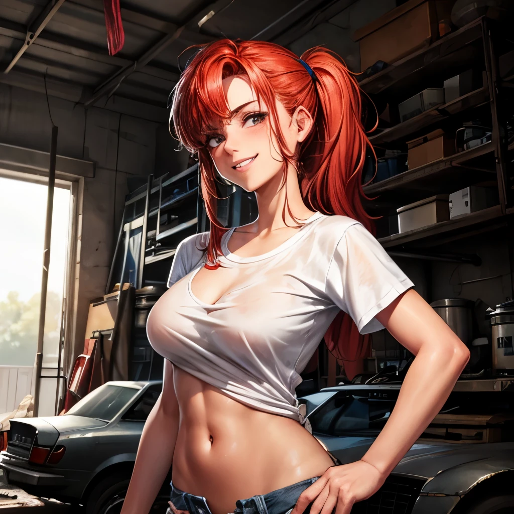 Mechanic working in her garage, dirty white shirt, dirty low rise jeans, dirty tan skin, high line detail, messy red hair, grease smudge on her face, smiling