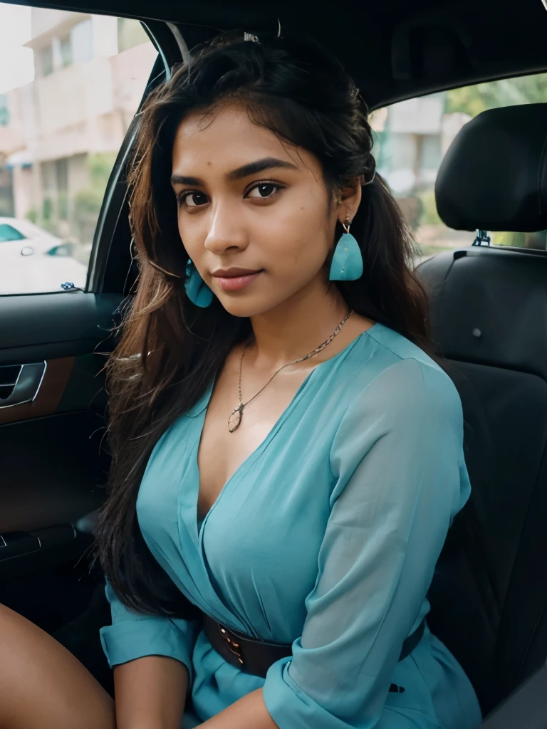((self-taken photo)), natural colors, ((selfie photo)), of a 22-year-old Sri Lankan woman named Kasuni, (dark long ponytail hair), dark fair skin, black eyes, feminine features, iPhone, mobile quality, mobile focus, tack smooth, Instagram filter, TikTok filter, detailed face, detailed eyes, oiled skin, profile picture, smiling, ((sitting inside a car)), ((turquoise dress, ladies jewelry)), natural lighting.