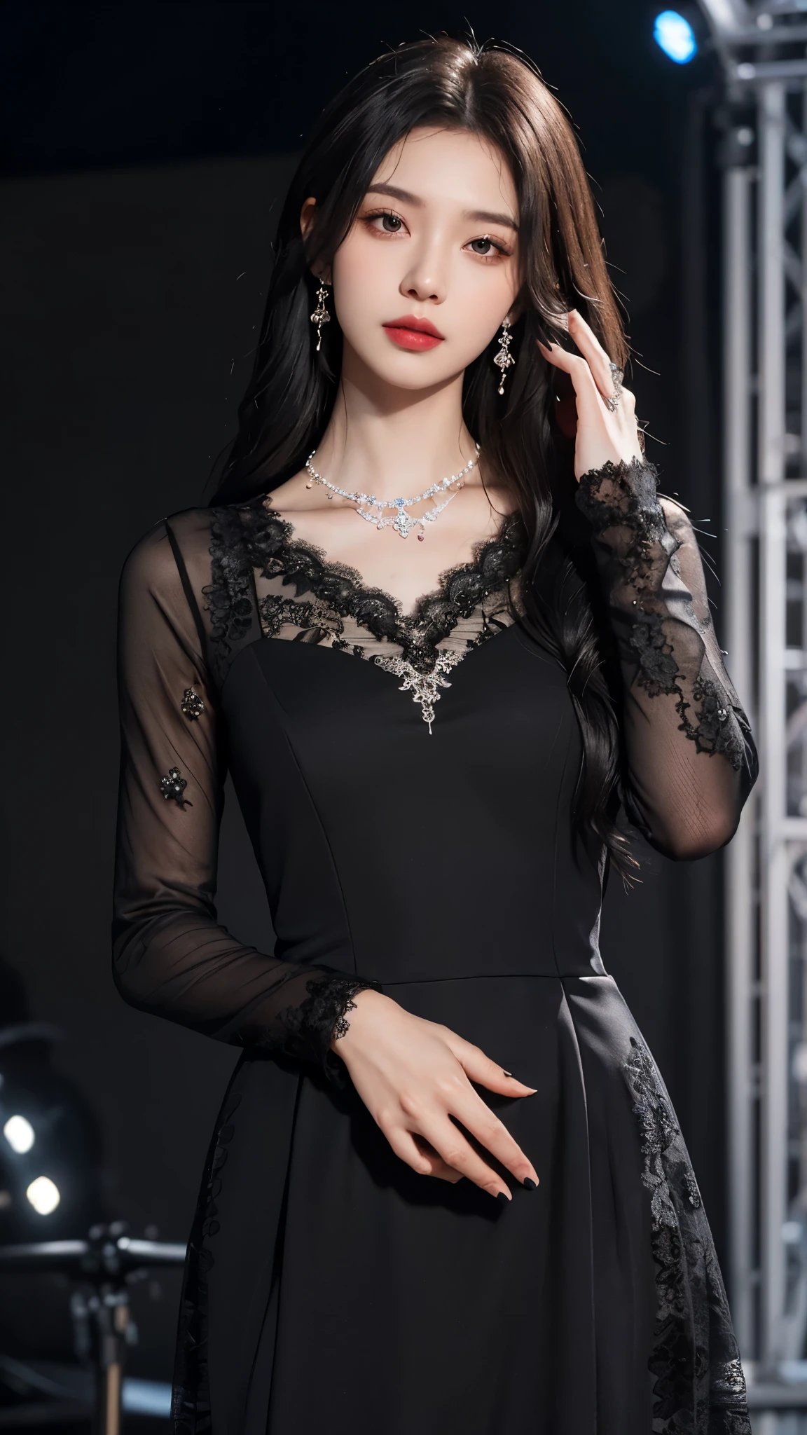 8k, masterpiece, 1 girl, beautiful face, white skin, very long hair, light makeup, detailed eyes, detailed lips, small breasts tight, realistic detailed, very detailed dress, princess dress, (black dress:1.4), (wearing jewellery:1.5), (lace:1.4), ((stage background)), attractive poses,