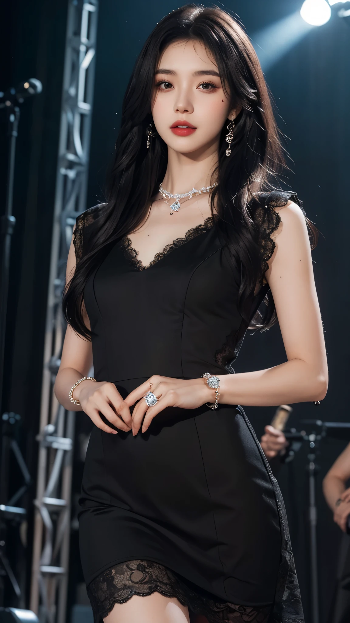 8k, masterpiece, 1 girl, beautiful face, white skin, very long hair, light makeup, detailed eyes, detailed lips, small breasts tight, realistic detailed, very detailed dress, princess dress, (black dress:1.4), (wearing jewellery:1.5), (lace:1.4), ((stage background)), attractive poses,
