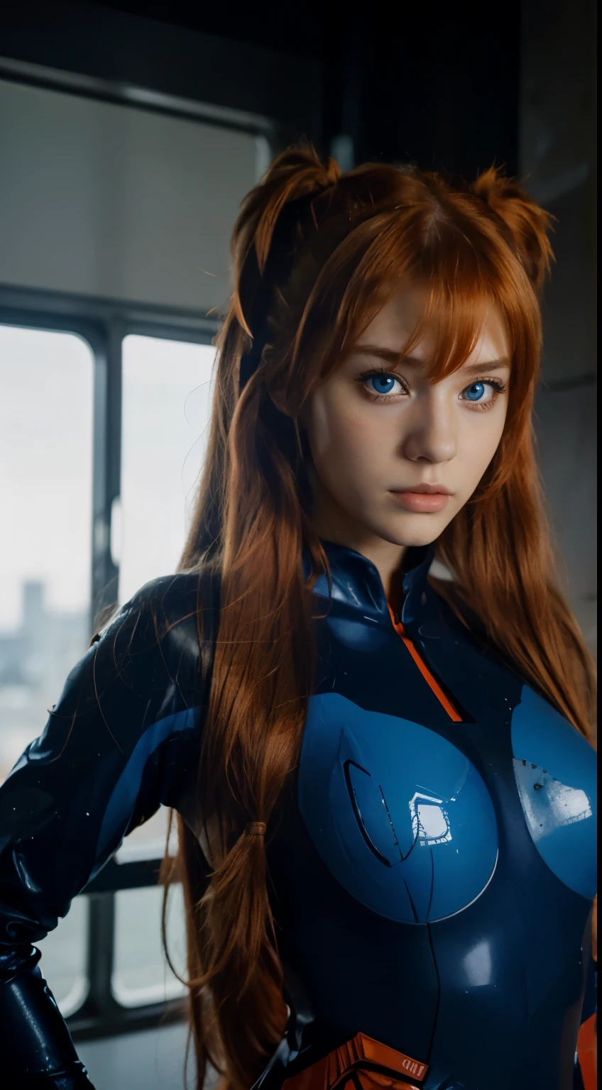 (best quality), high resolution,Asuka Langley Soryu, Beautiful Pretty Mixed German Babe, (Beautiful face), sexy lips, Auburn Twin Tails Ginger Hairs, intense gaze, dark blue detailed beautiful eyes, combine realism and anime influence, (dynamic pose), aeroplane, red plugsuit,