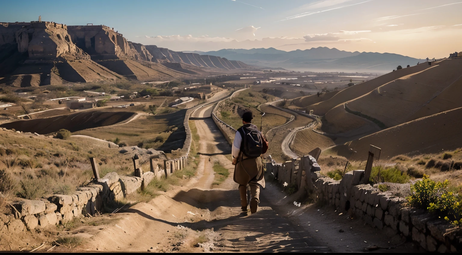 “Create a stunning illustration that depicts Paul’s journey to Damascus. Mostre Paulo montado em seu cavalo, Dressed in period clothes, viajando por uma estrada antiga cercada por paisagens do deserto. Detail the characteristics of the path, como as pedras gastas pelo tempo e o sol escaldante, creating an atmosphere of arduous journey. Add elements that represent Paul's spiritual transformation, like an intense and divine light that emerges from the sky, lighting the way ahead and lighting up your face with an expression of surprise and wonder. Highlight Paul's change in perspective, showing his stance change from arrogance and persecution to humility and seeking redemption. Inclua detalhes da cidade de Damasco ao fundo, com suas casas, characteristic people and architecture, para dar contexto ao destino de sua jornada. Use vibrant, contrasting colors to highlight the importance of this transformative moment in Paulo's life and the beauty of the surrounding landscapes.”