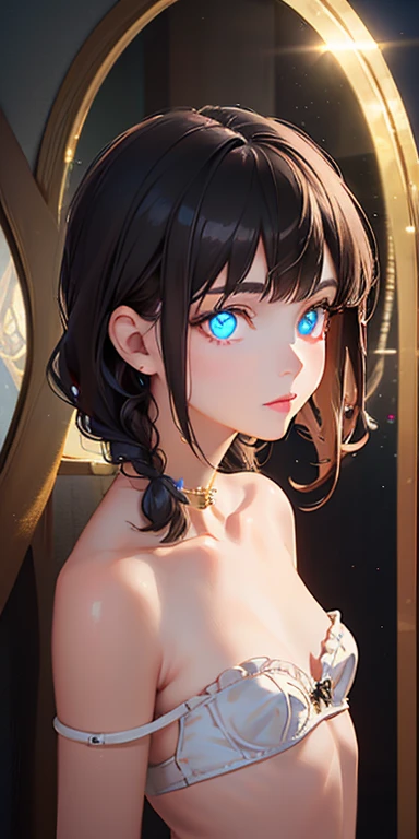 baby face, small breasts, short black hair,single braid, (photorealistic:1.4), (masterpiece, sidelights, exquisite beautiful eyes: 1.5), masterpiece*portrait, realistic, 3D face,kawaii face, (glowing eyes:1.5),(tareme:1.5) shiny hair, shiny skin, solo,(shoulder strapless small underwear)