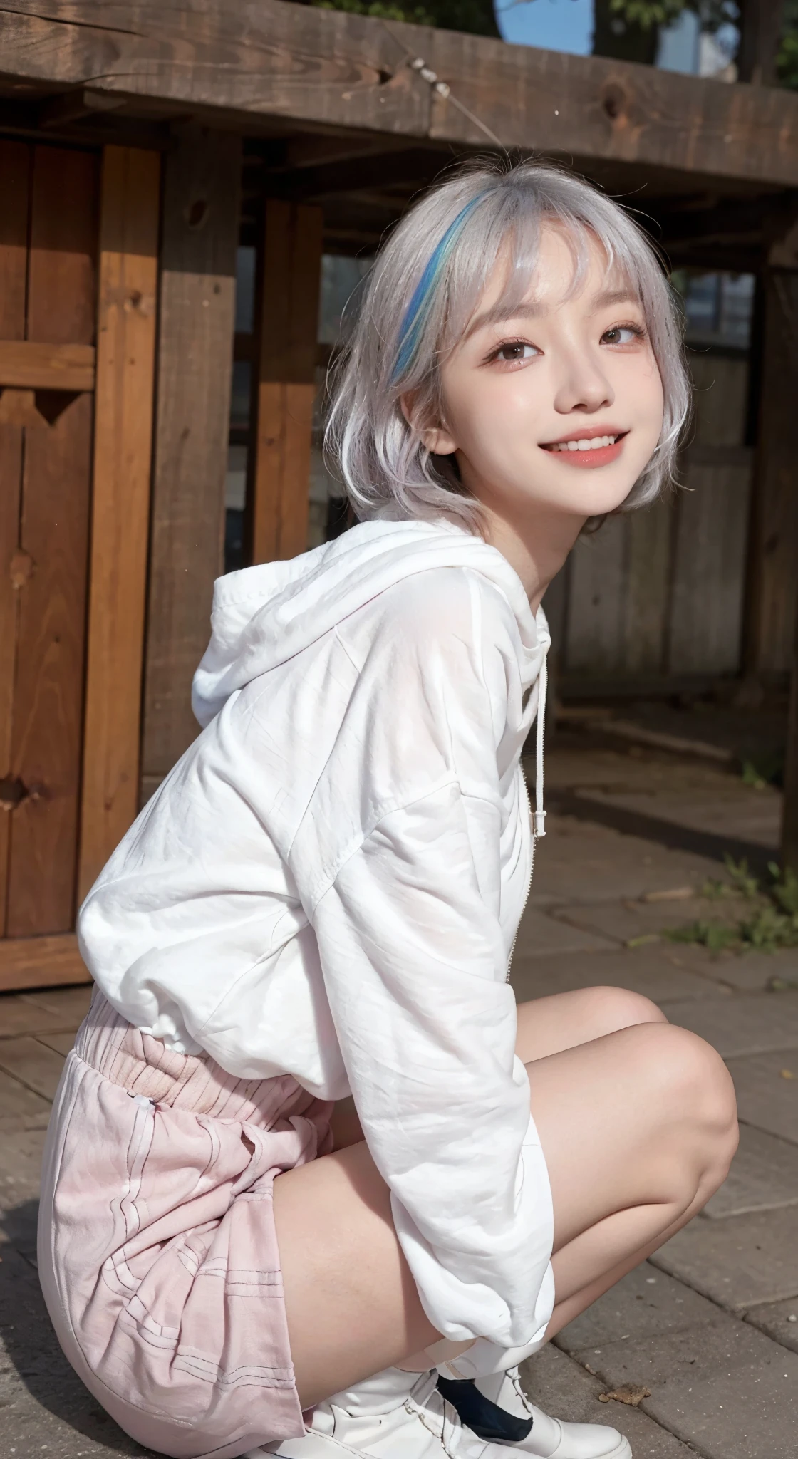 Top image quality、Raw photography、超A high resolution、21-year-old Korean、small tits、Dynamic angles、Cowboy Shots、The most beautiful forms chaos、elegent、Brutalist design、vivd colour、beautiful white hair、a short bob、Laugh、happily laughing、smil、shiny white skin、Beautiful eyes with random colors、Very beautiful eyes in every detail、elongated eyes、thin lipss、pale pink blush、long eyeslashes、beautiful double eyelid、eyeshadows、a park、Overall。shot from a side angle、crouching down、Big hoodie、