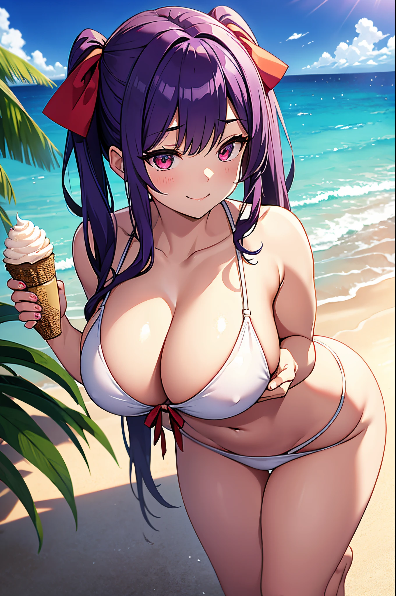 ８K、Best Quality、Midsummer beach、、独奏、a beauty girl、delicated face、A smile、Long pigtails、Purple hair、red eyes、Colossal tits:1.8、big butts:5.5、big breasts thin waist、Beautiful constriction、shinny skin、beauty legs、cleavage of the breast、crouching down、Tie your hair with a red ribbon、Low-rise swimwear、Holding soft-serve ice cream in your hand、white cream on the chest、