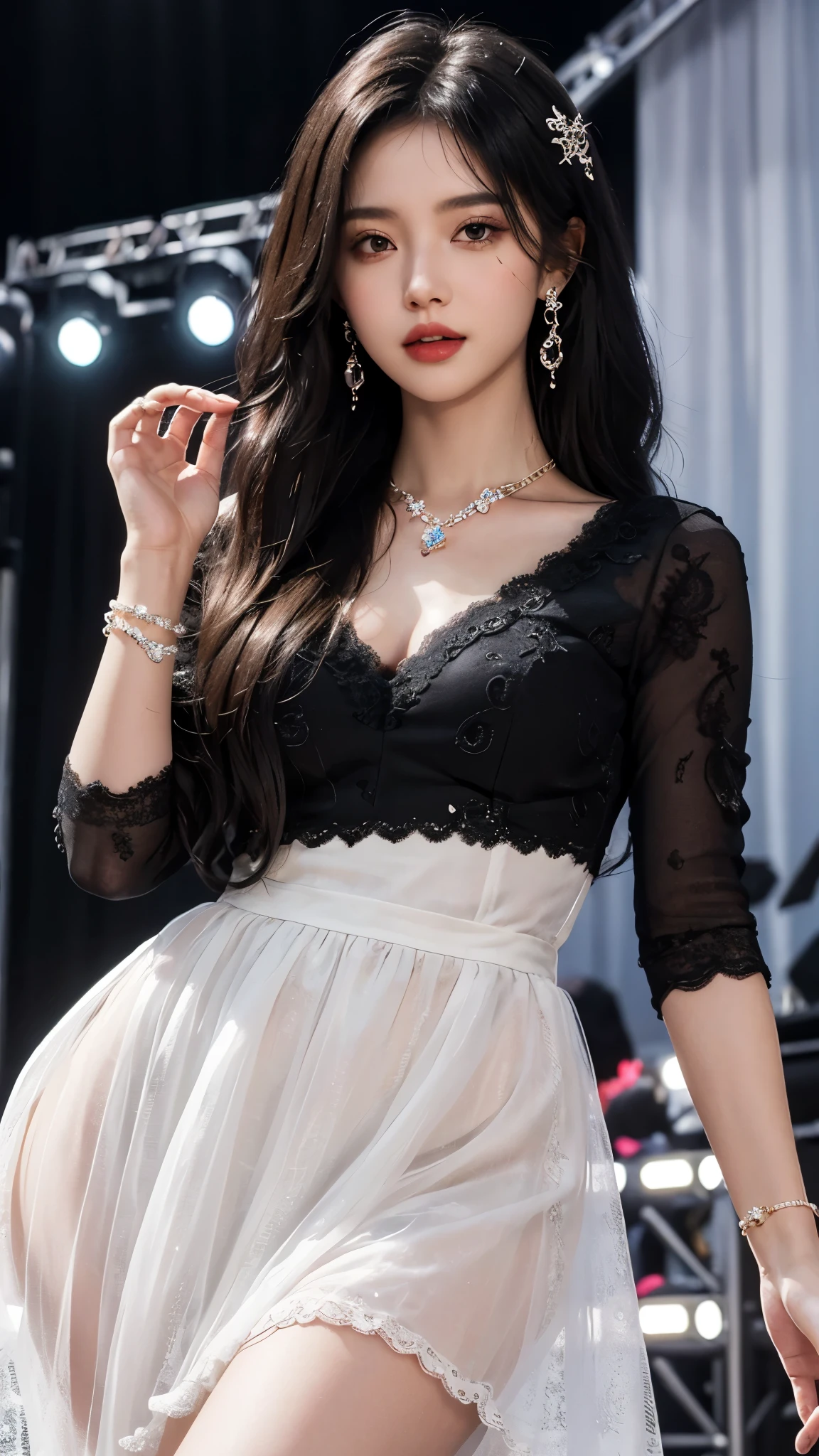 8k, masterpiece, 1 girl, beautiful face, white skin, very long hair, light makeup, detailed eyes, detailed lips, small breasts tight, realistic detailed, very detailed dress, princess dress, (black dress:1.4), (wearing jewellery:1.5), (lace:1.4), ((stage background)), attractive poses,