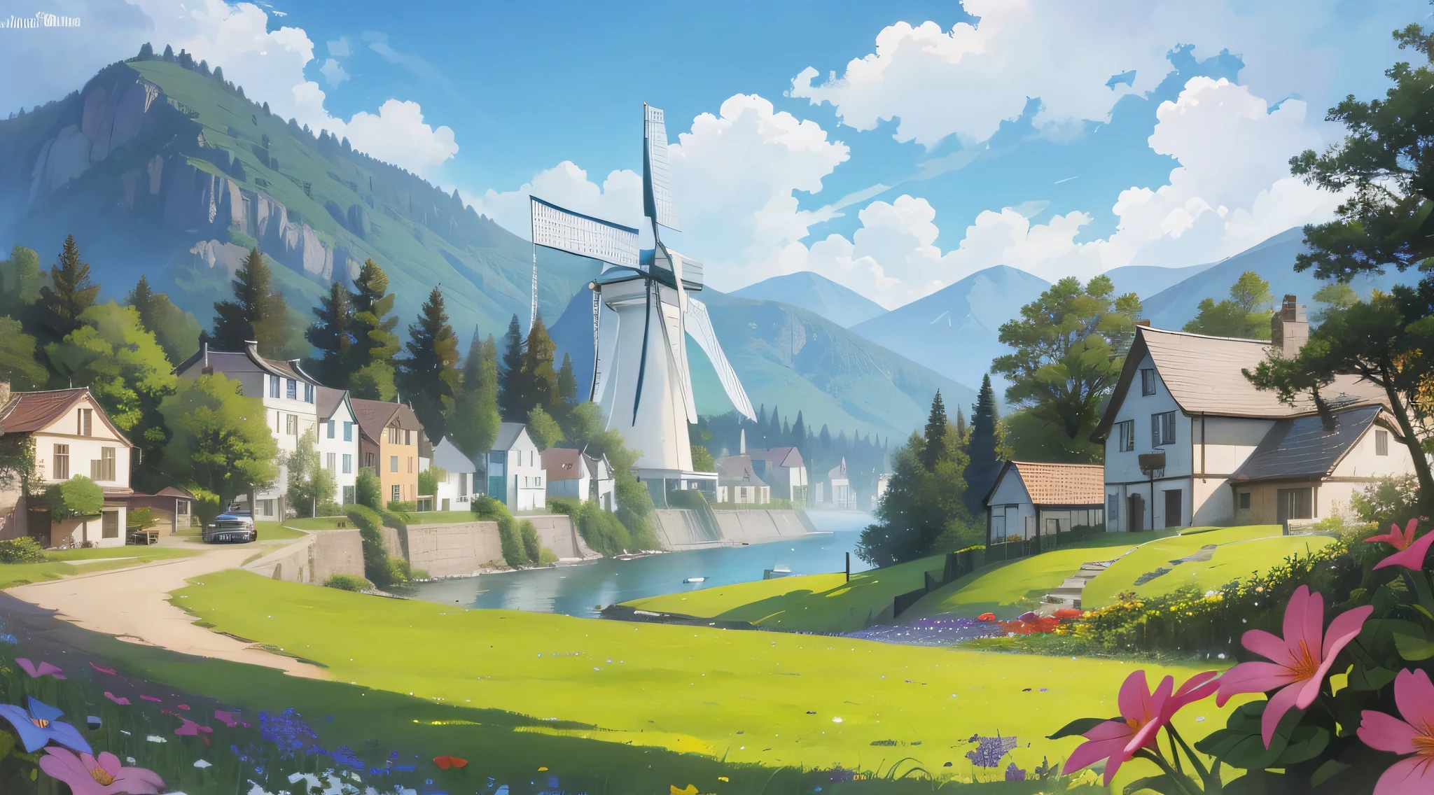 Beautiful village,There are wildflowers everywhere,windmills,The tree