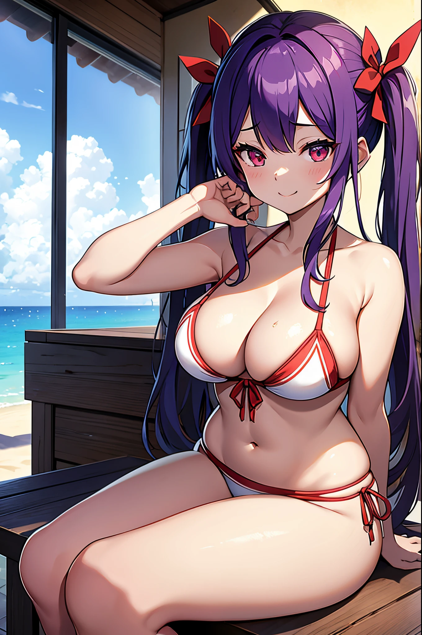 ８K、Best Quality、Midsummer beach、、独奏、a beauty girl、delicated face、A smile、Long pigtails、Purple hair、red eyes、Colossal tits:1.8、big butts:5.5、big breasts thin waist、Beautiful constriction、shinny skin、beauty legs、cleavage of the breast、crouching down、Tie your hair with a red ribbon、Low-rise swimwear、Holding soft-serve ice cream in your hand、white cream on the chest、put your chest on the table、