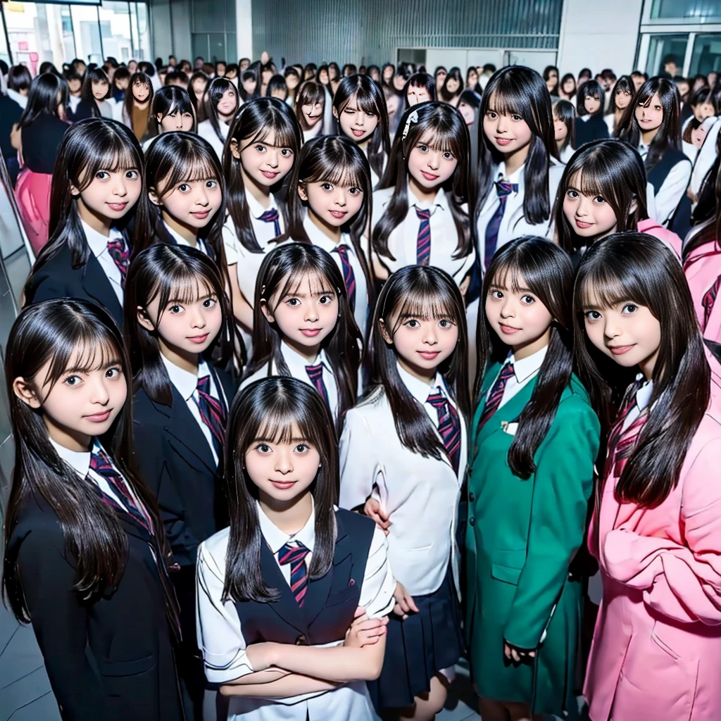 absurdres, Raw photo、(((multiple girls))),((((6+girls)))),((((1000girls)))),(((10000girls)))、((((100000 girls))))、Women only、The same face、((matching school uniform))、(((Adhesion)))、************、Long black hair、10,000 cute girls going to school、a smile、Commuting to school、School route、In the street、selfee、same person、(((A large group of people filling the area)))、(((A large group filling the horizon)))、a junior high school student