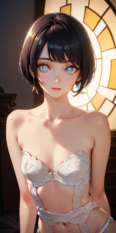baby face, small breasts, short black hair,single braid, (photorealistic:1.4), (masterpiece, sidelights, exquisite beautiful eyes: 1.5), masterpiece*portrait, realistic, 3D face,kawaii face, (glowing eyes:1.5),(tareme:1.5) shiny hair, shiny skin, solo,(shoulder strapless small underwear)