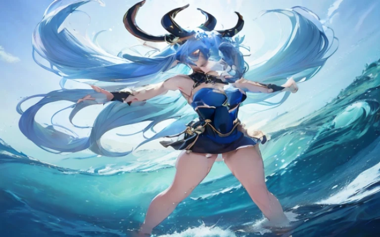Anime girl with blue hair and horns standing in the sea, goddess of the sea, goddess of the sea, anime goddess, aqua from konosuba, ArtGerm on ArtStation Pixiv, Wallpaper Anime Blue Water, knights of zodiac girl, Trending on ArtStation pixiv, neptune, very detailed Artgerm, keqing from genshin impact