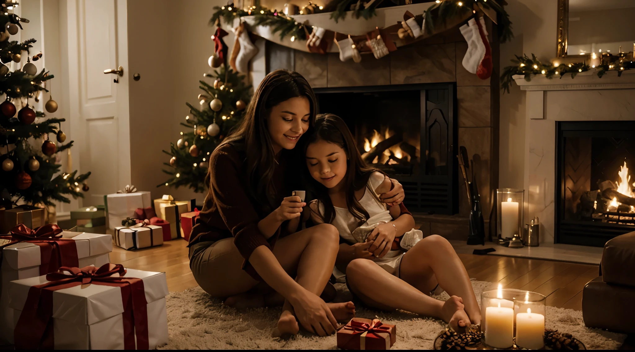 A Christmas scene with maximum quality, Advanced Detail Levels and Cinematic Style. The image shows a family gathered in front of the fireplace, with a decorated Christmas tree and wrapped gifts. The atmosphere is cozy and lit by candles.. The image conveys a sense of love, unity and gratitude. (4k) (Ultra realista)